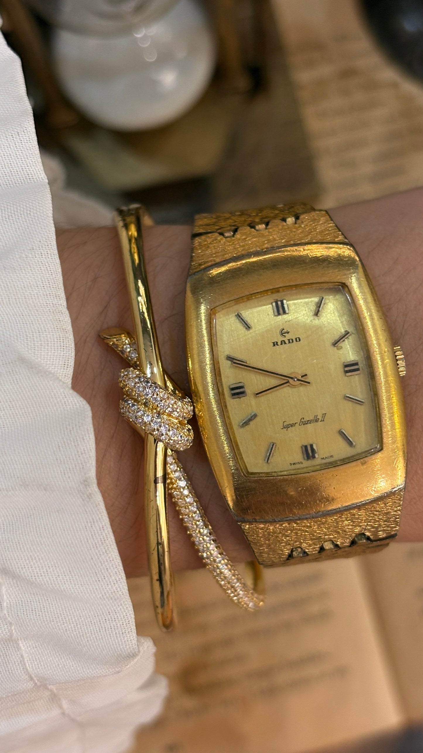 Rare Vintage Rado Swiss Super Gazelle II Tank Watch in Gold Tone Textured Finish Manual Wind