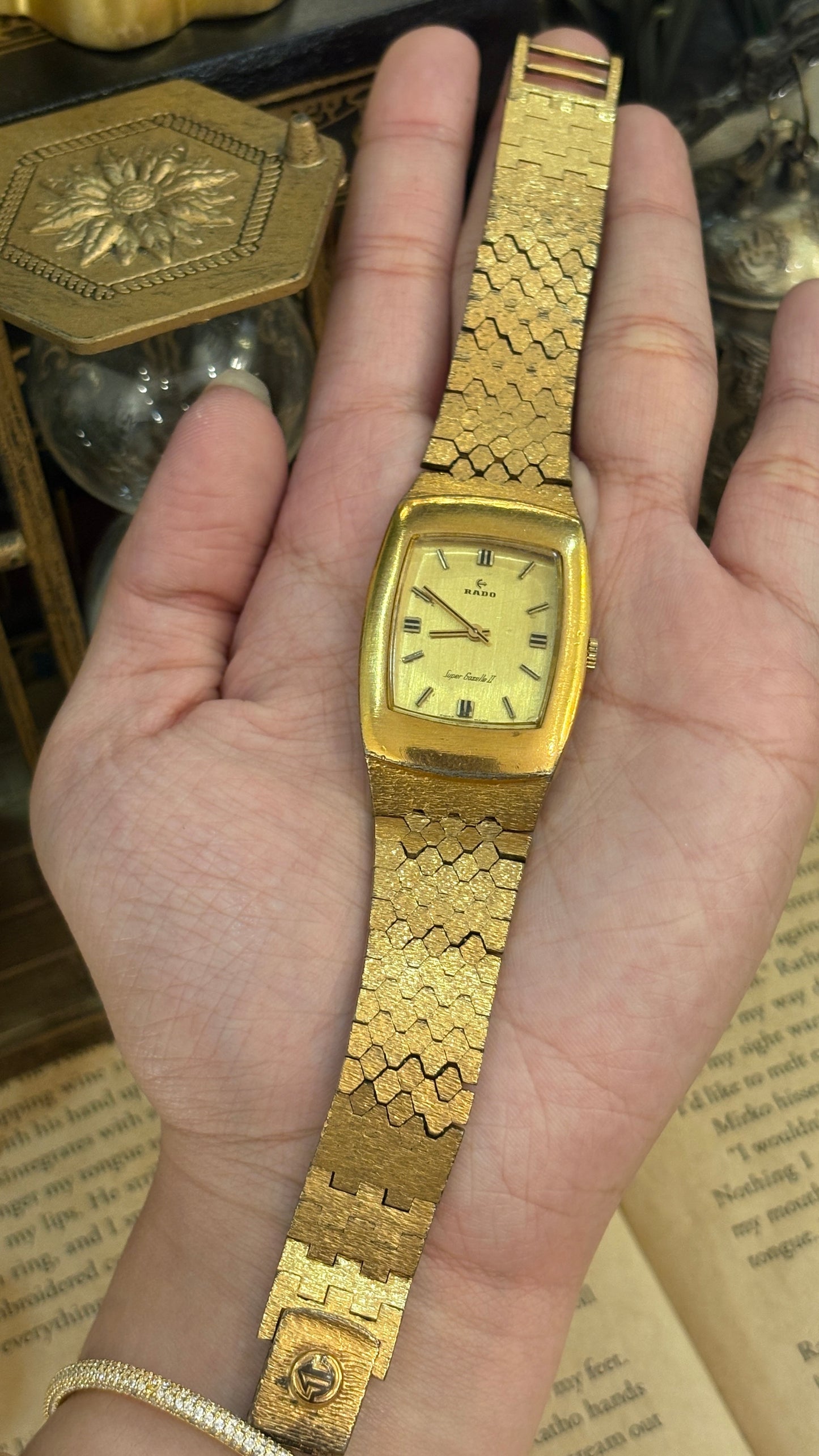 Rare Vintage Rado Swiss Super Gazelle II Tank Watch in Gold Tone Textured Finish Manual Wind