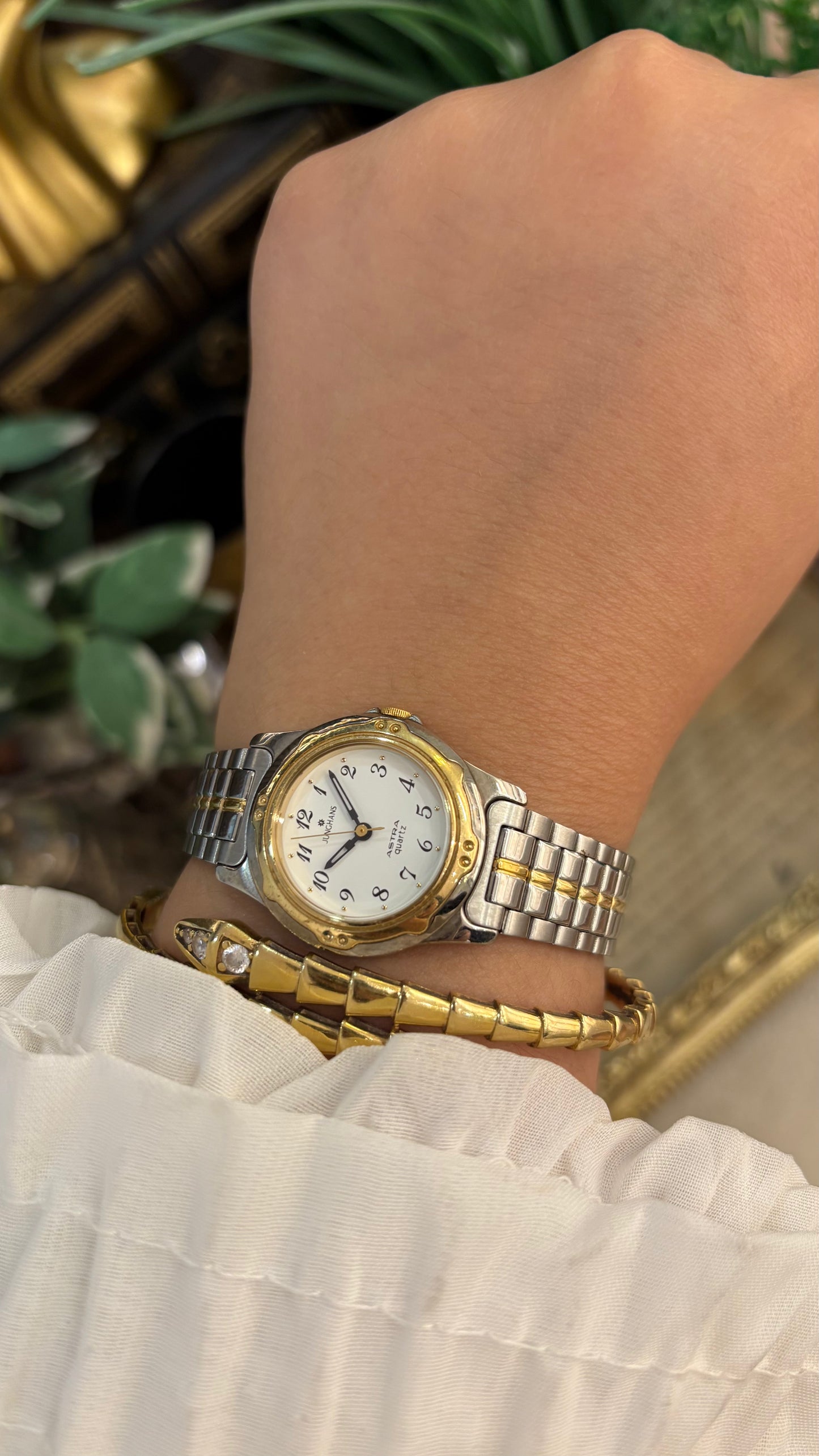 Vintage Junghans Sports Style Dial Gold Line Accent Watch in Two-Tone Quartz