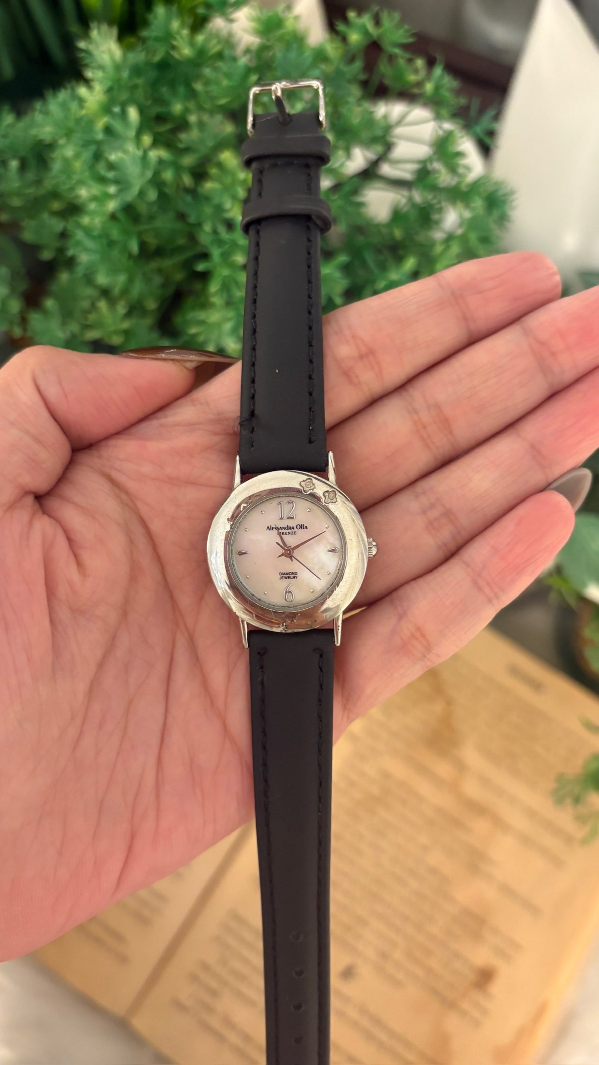 Rare Vintage Alessandra Olla Mother of Pearl Dial Flower Accent Watch in Silver Tone Black Leather Quartz