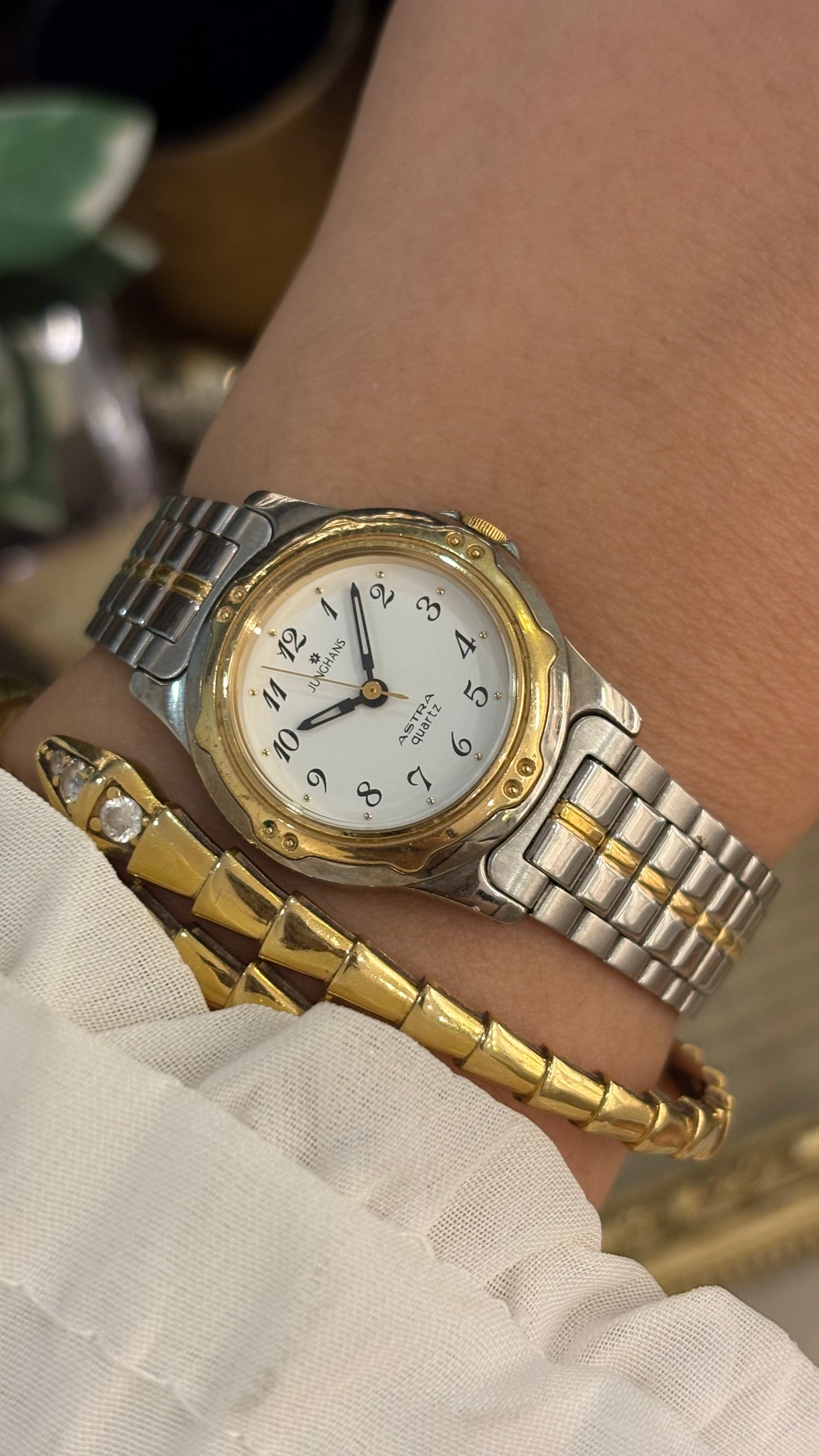 Vintage Junghans Sports Style Dial Gold Line Accent Watch in Two-Tone Quartz