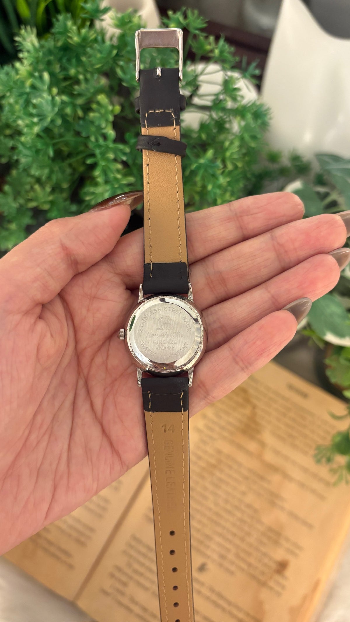 Rare Vintage Alessandra Olla Mother of Pearl Dial Flower Accent Watch in Silver Tone Black Leather Quartz