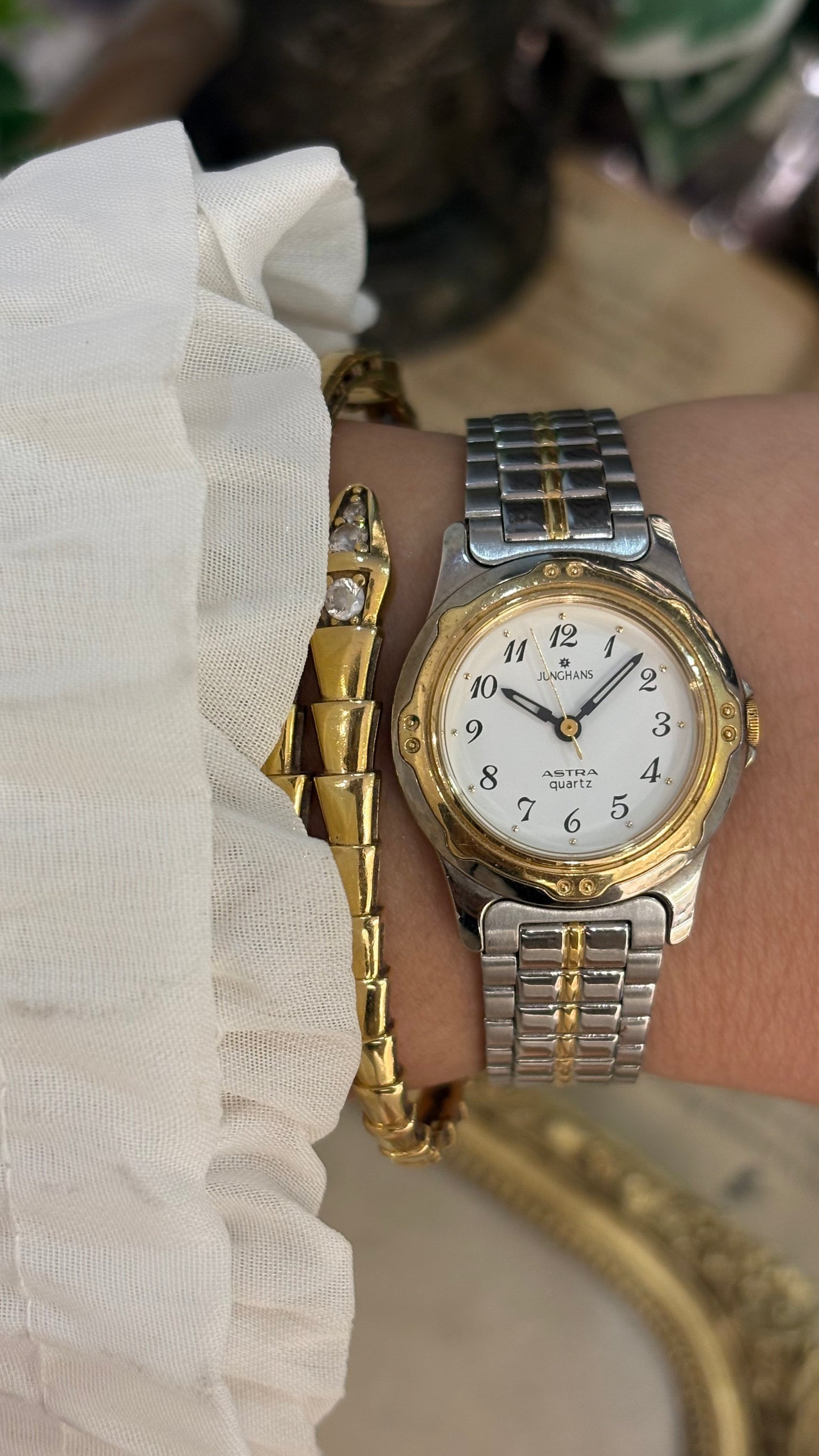 Vintage Junghans Sports Style Dial Gold Line Accent Watch in Two-Tone Quartz