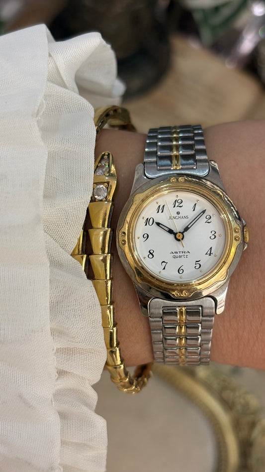 Vintage Junghans Sports Style Dial Gold Line Accent Watch in Two-Tone Quartz