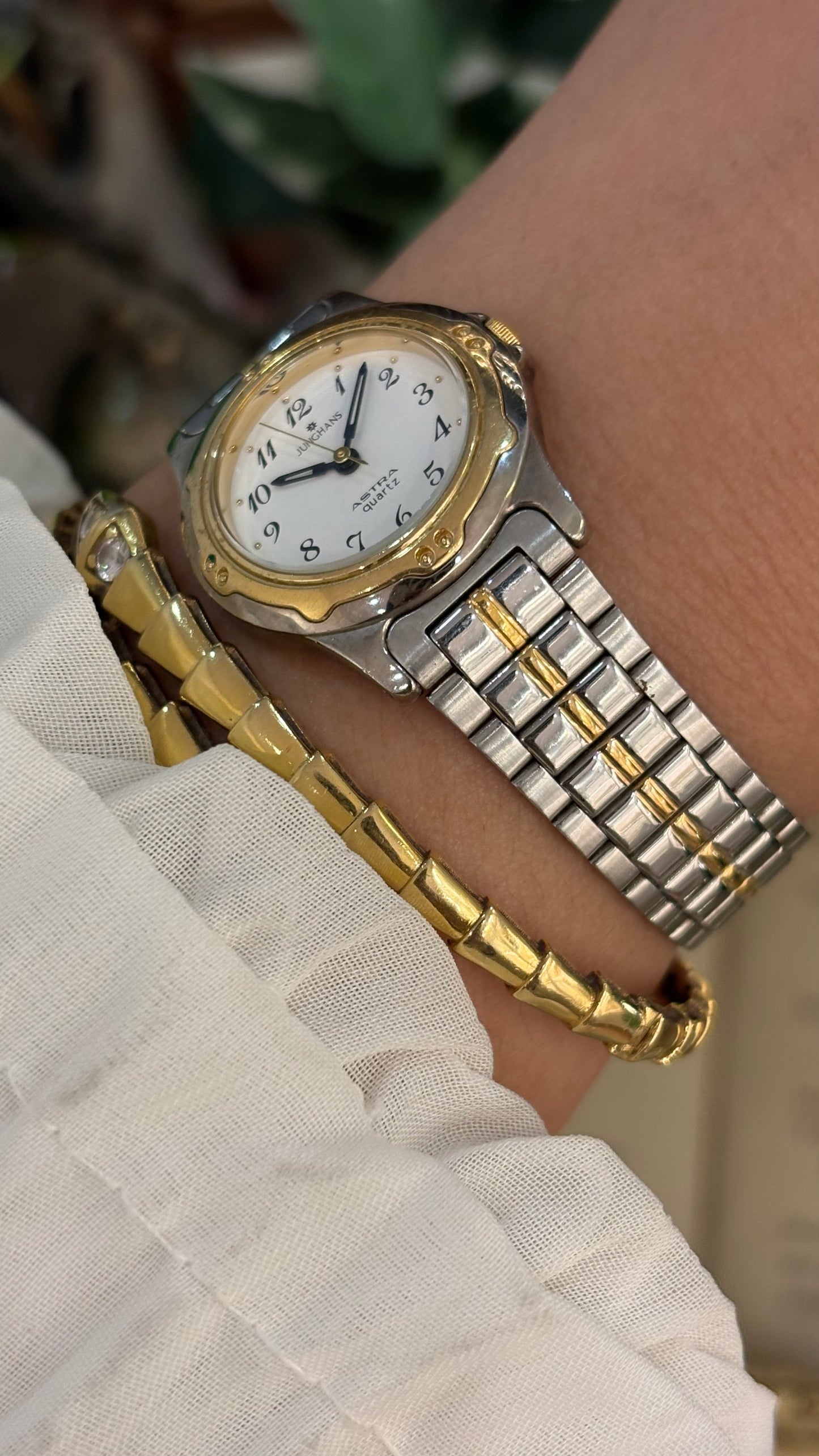 Vintage Junghans Sports Style Dial Gold Line Accent Watch in Two-Tone Quartz