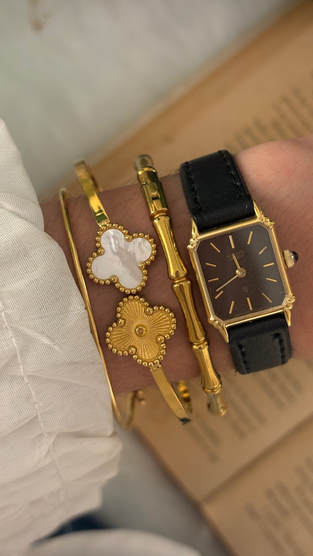Rare Vintage Citizen Choco Brown Dial Tank Watch in Gold Tone Black Leather Quartz