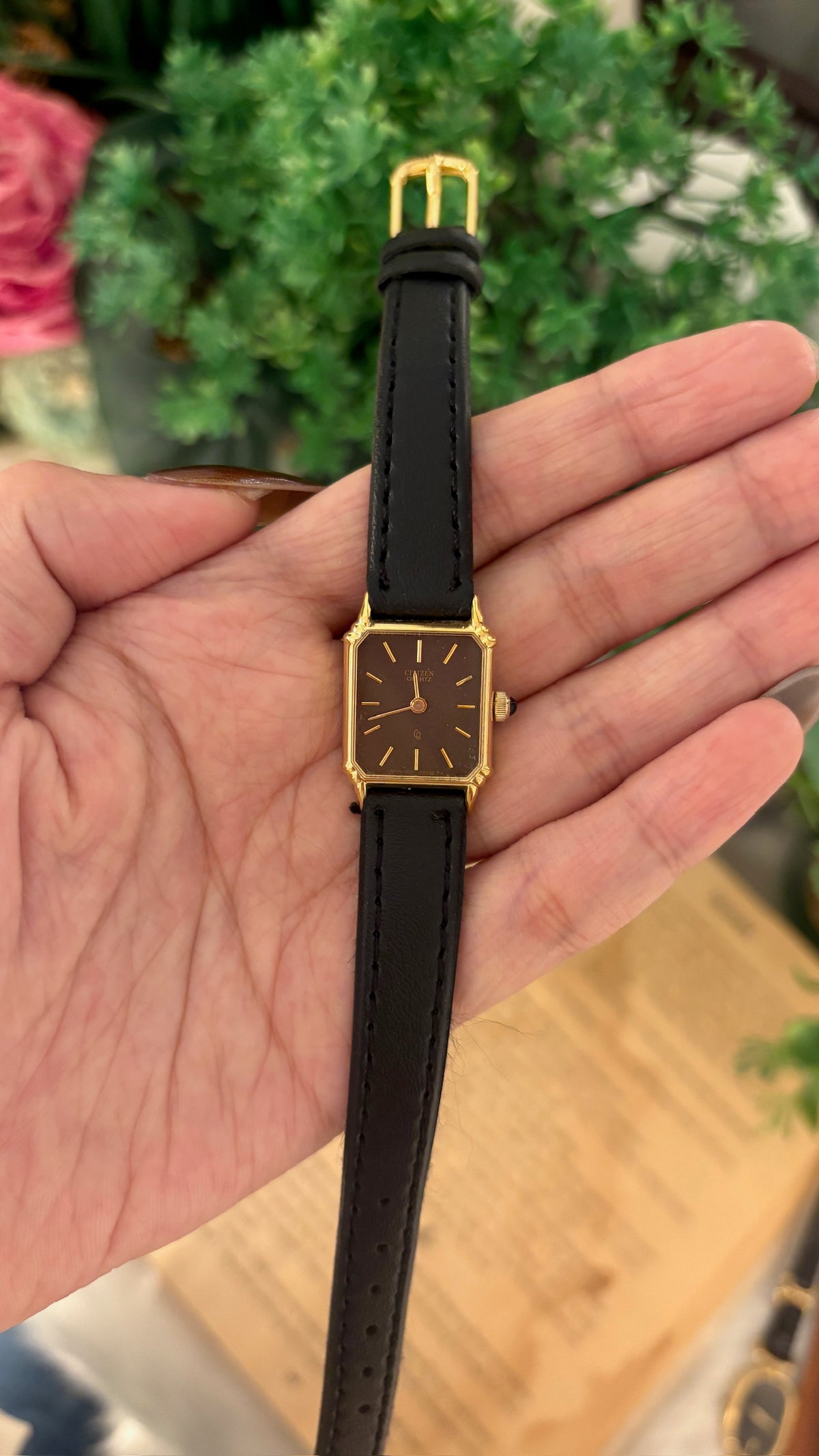 Rare Vintage Citizen Choco Brown Dial Tank Watch in Gold Tone Black Leather Quartz