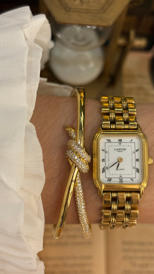 Rare Vintage Lanvin Paris Mini Tank Watch in Gold Tone Roman Dial Quartz