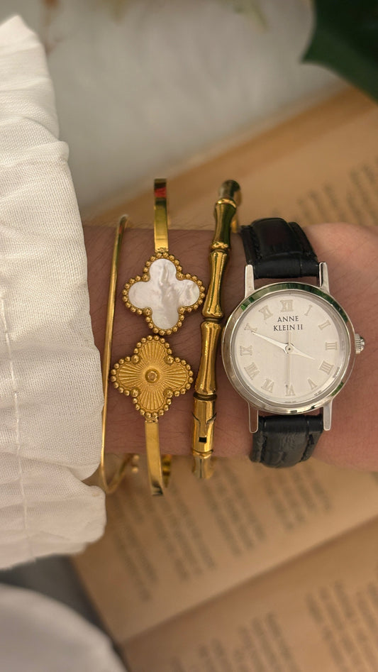 Vintage Anne Klein II Classic Watch in Silver Tone Black Leather Quartz