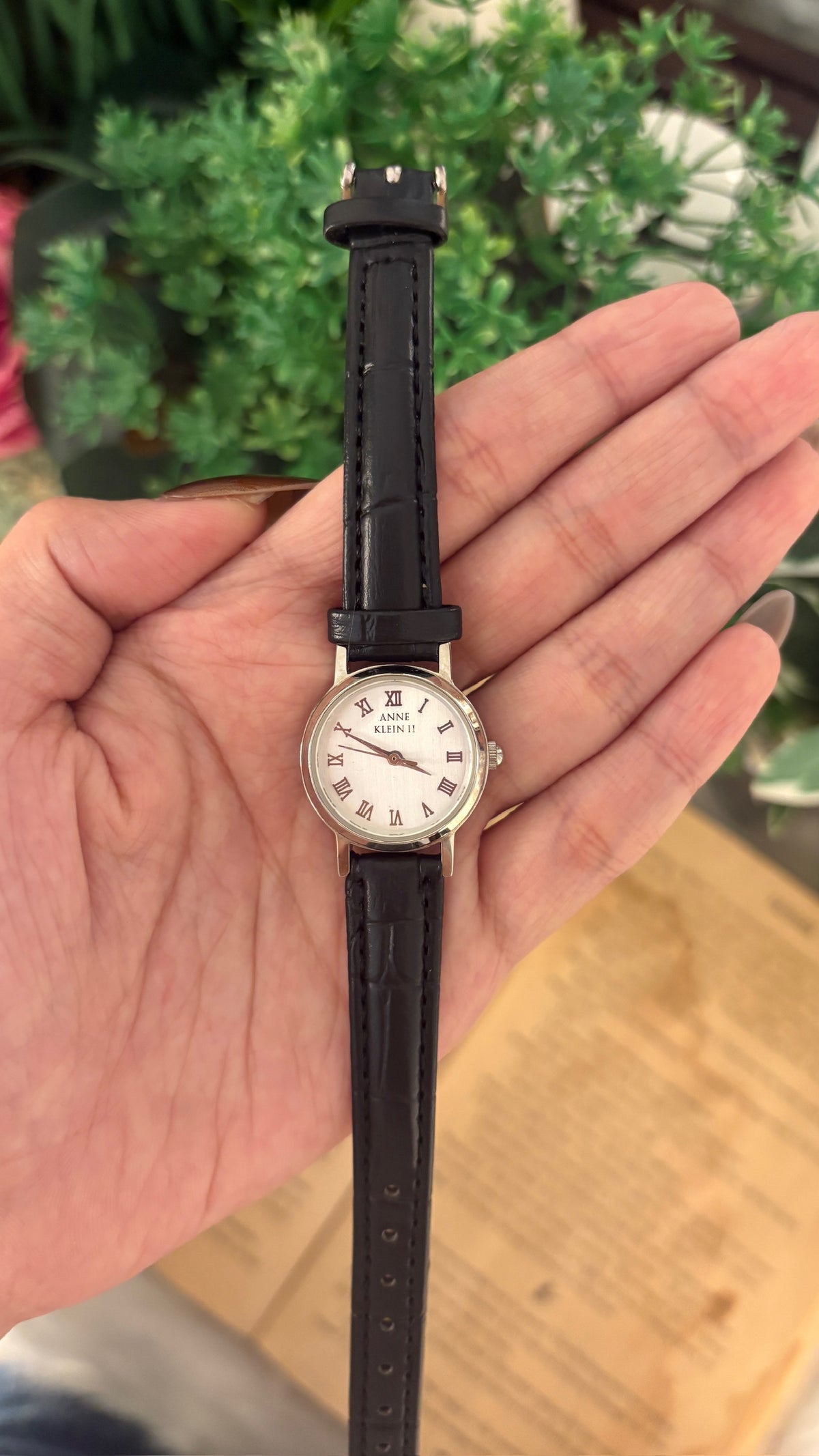 Vintage Anne Klein II Classic Watch in Silver Tone Black Leather Quartz