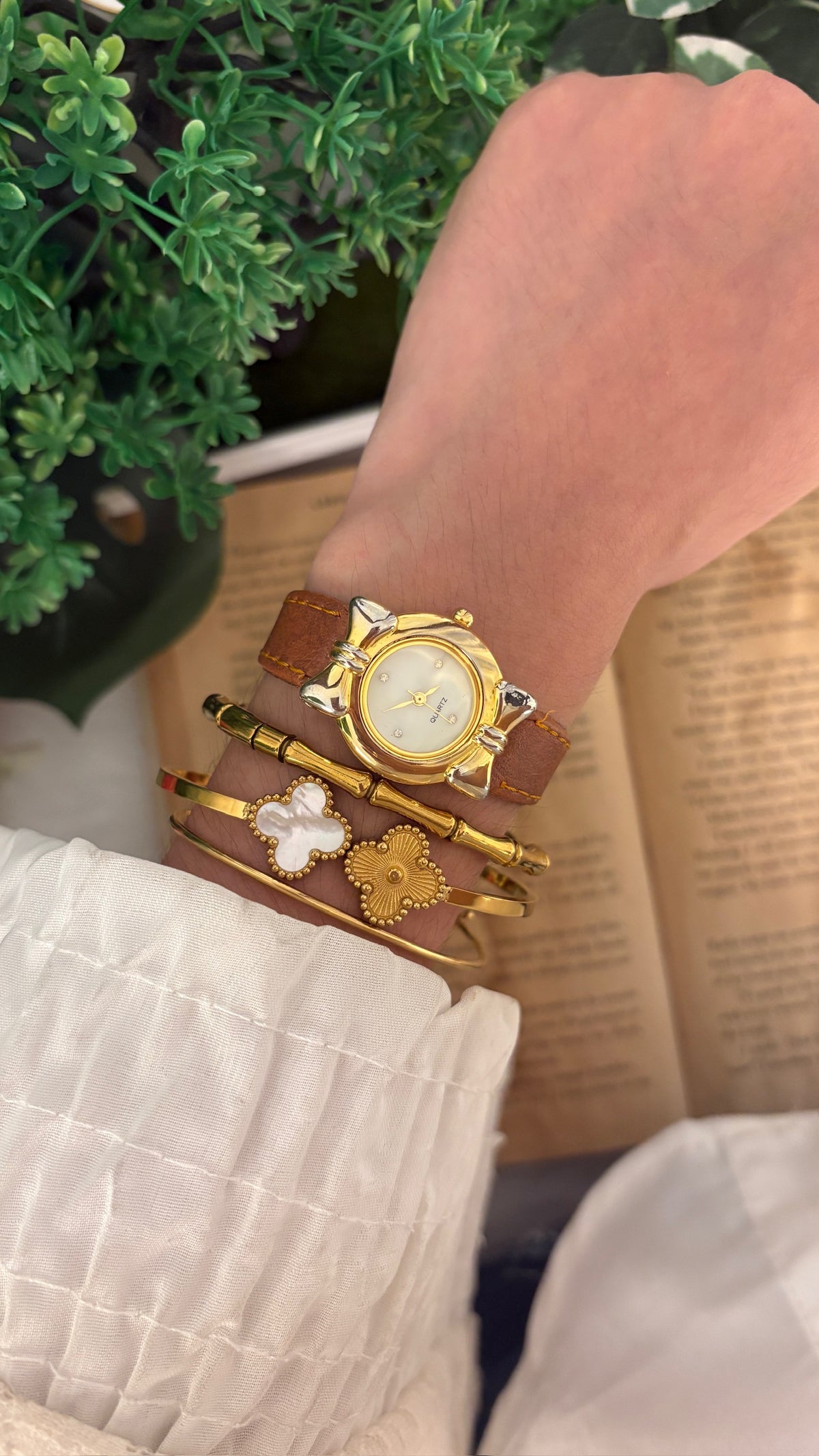 Rare Vintage Coquette Watch in Gold Tone Brown Leather Quartz