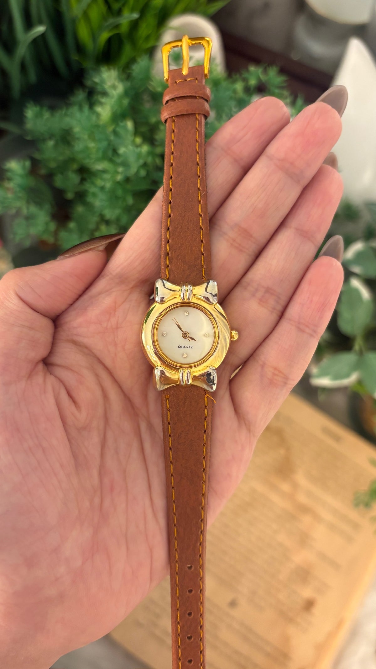 Rare Vintage Coquette Watch in Gold Tone Brown Leather Quartz