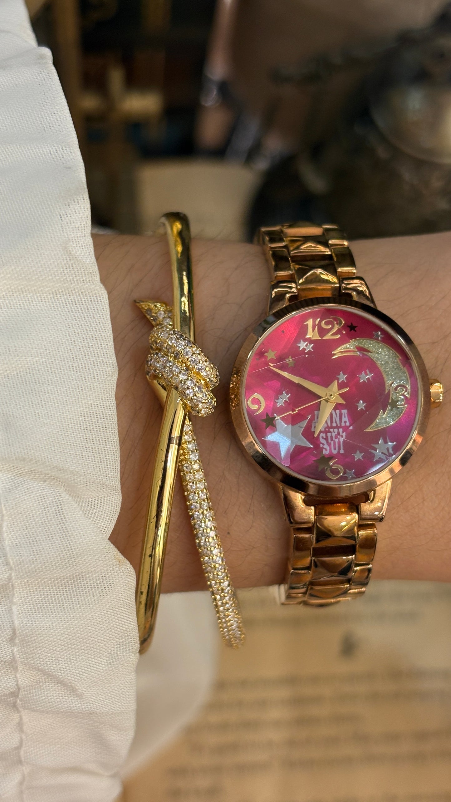 Vintage Anna Sui Celestial Watch in Rose Gold Tone Hot Pink Sunray Dial Quartz