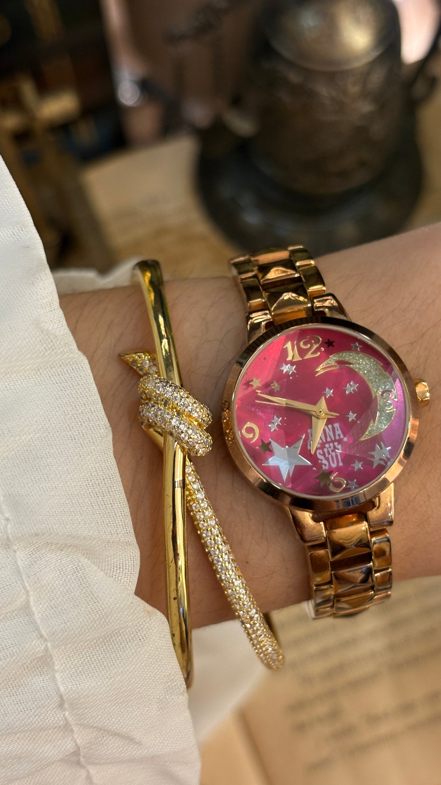 Vintage Anna Sui Celestial Watch in Rose Gold Tone Hot Pink Sunray Dial Quartz