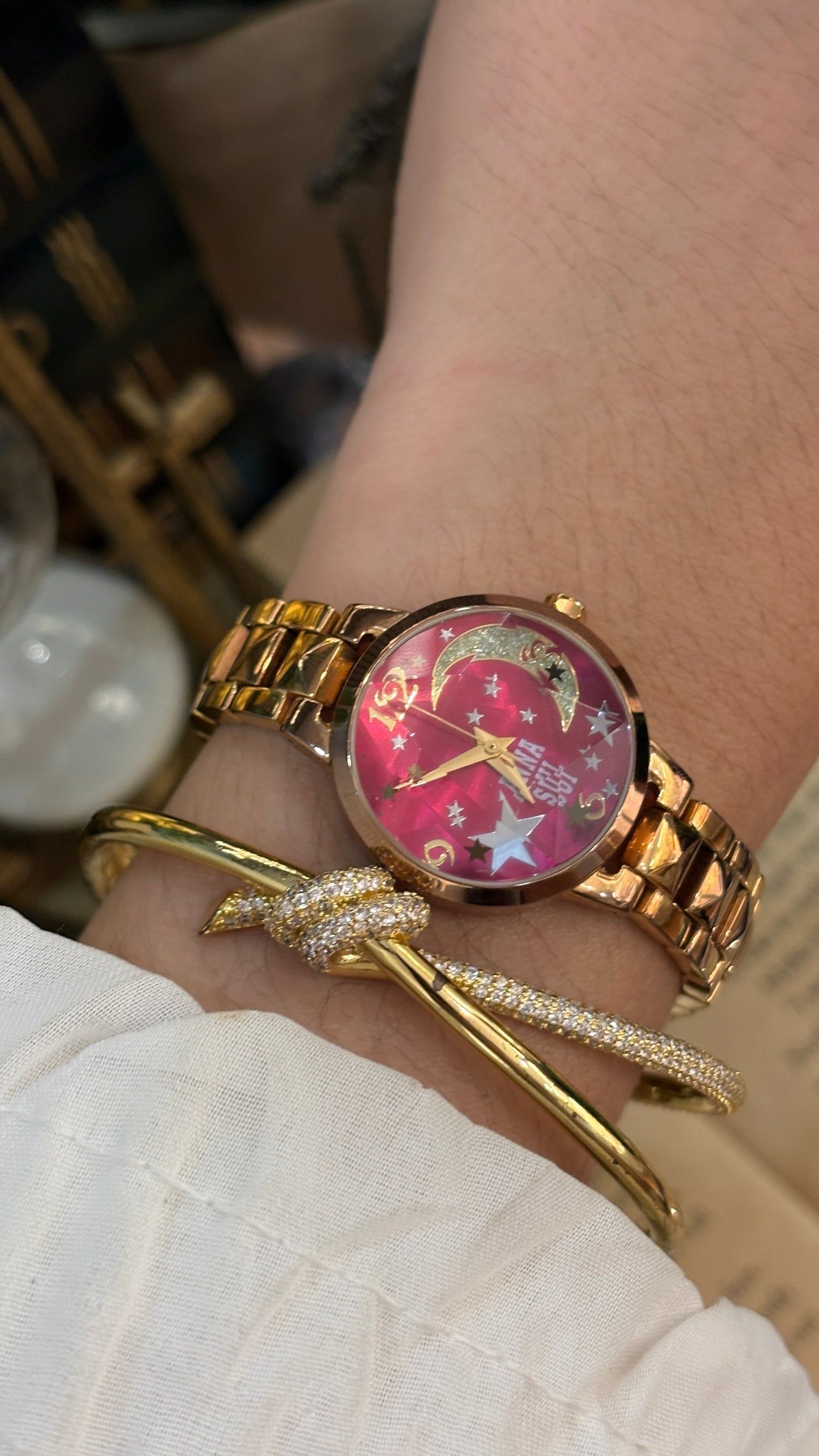 Vintage Anna Sui Celestial Watch in Rose Gold Tone Hot Pink Sunray Dial Quartz