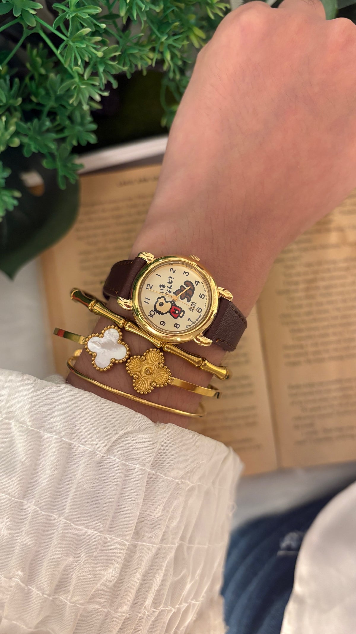 Rare Vintage Alba Seiko Sanrio Watch in Gold Tone Brown Leather Quartz