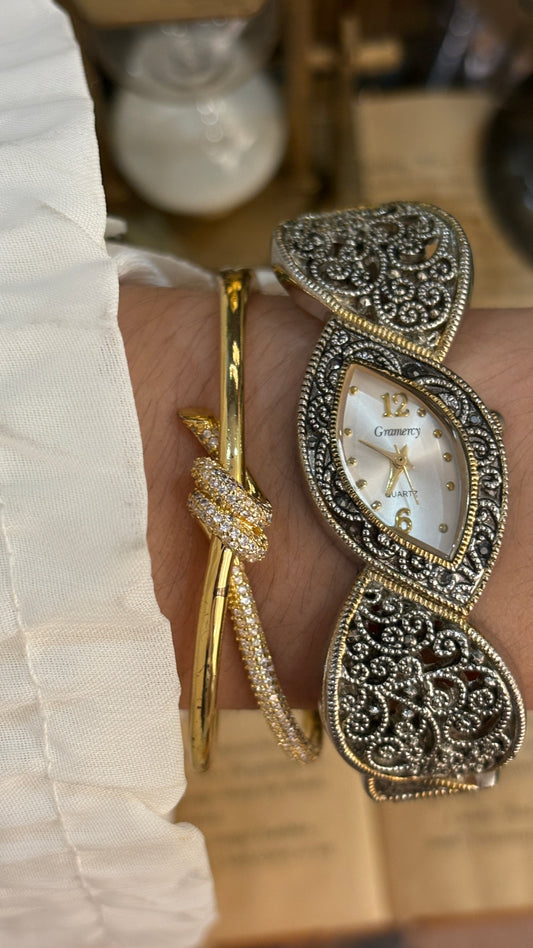 Rare Vintage Gramercy Marcasite Filigree Bracelet Bangle Watch in Two-Tone Quartz
