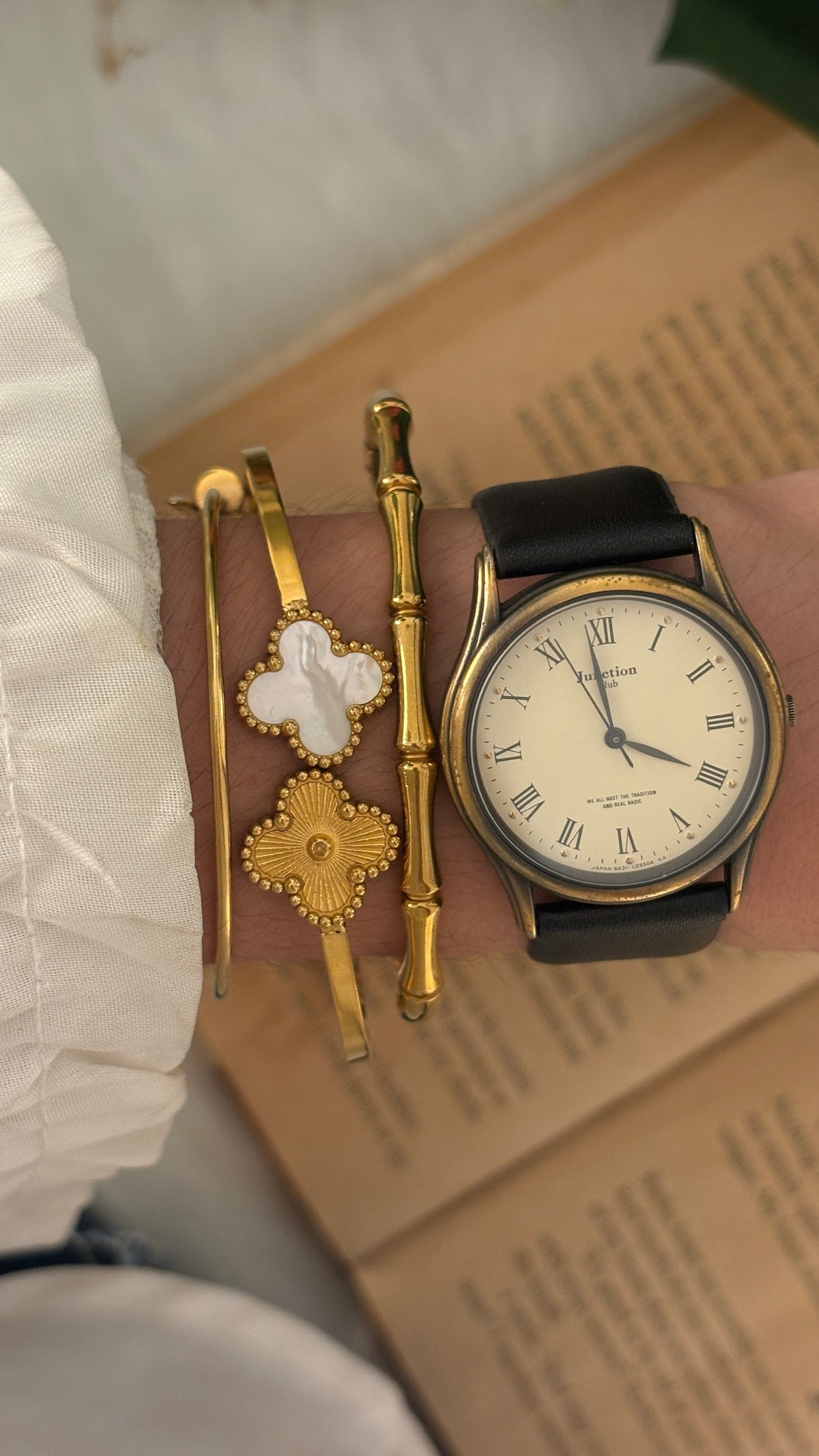 Rare Vintage Junction Citizen Roman Dial Mens Watch in Gold Brass Tone Black Leather Quartz