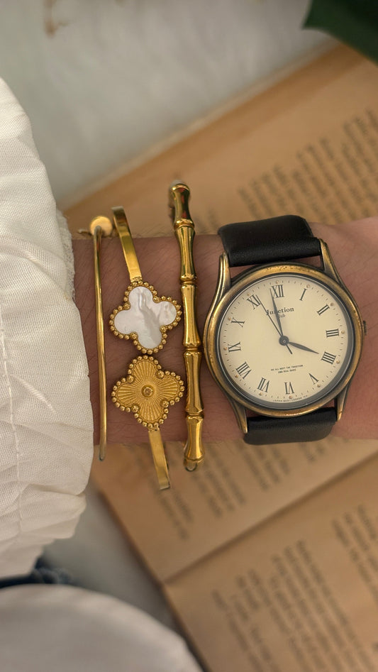 Rare Vintage Junction Citizen Roman Dial Mens Watch in Gold Brass Tone Black Leather Quartz