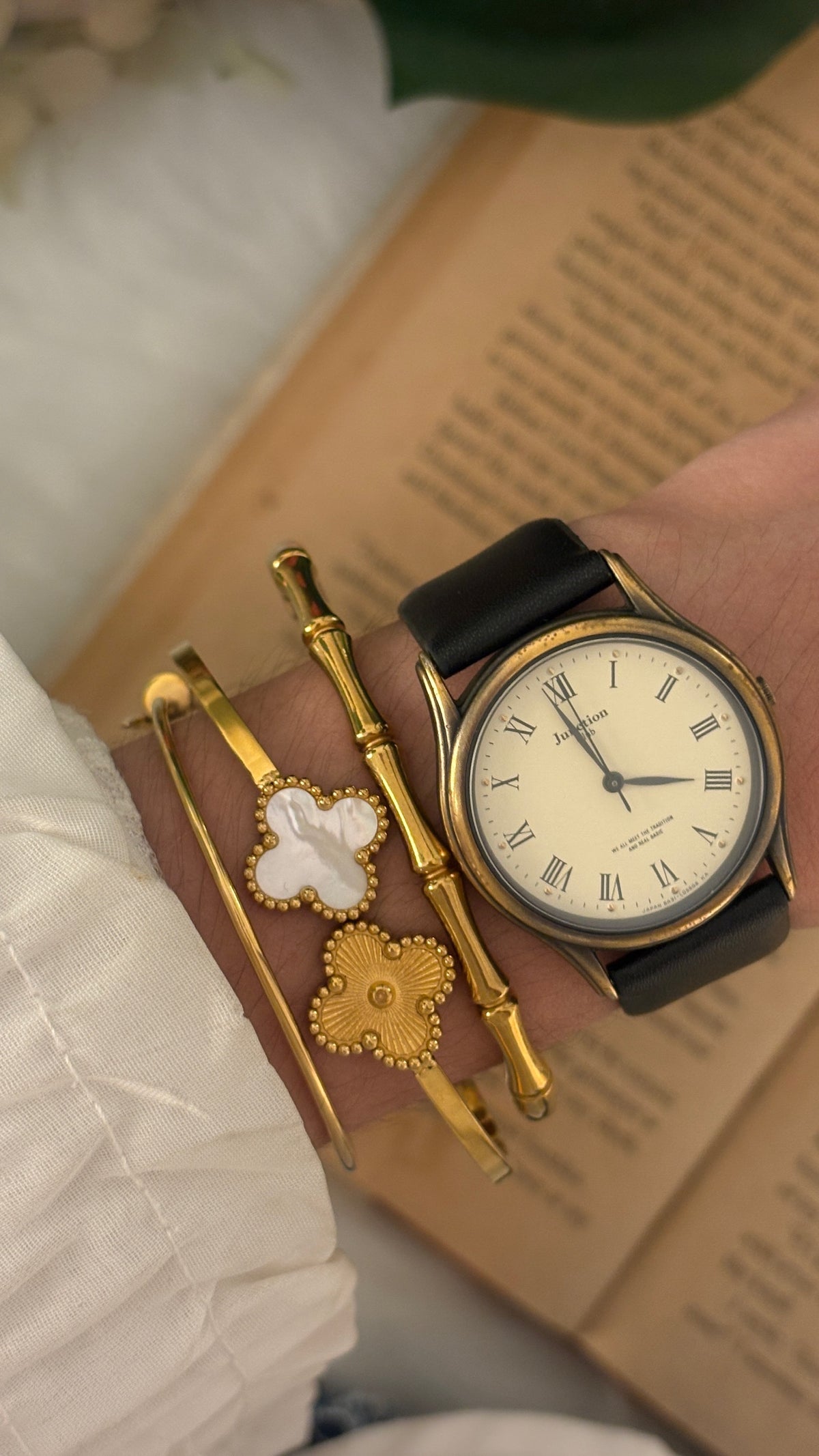 Rare Vintage Junction Citizen Roman Dial Mens Watch in Gold Brass Tone Black Leather Quartz