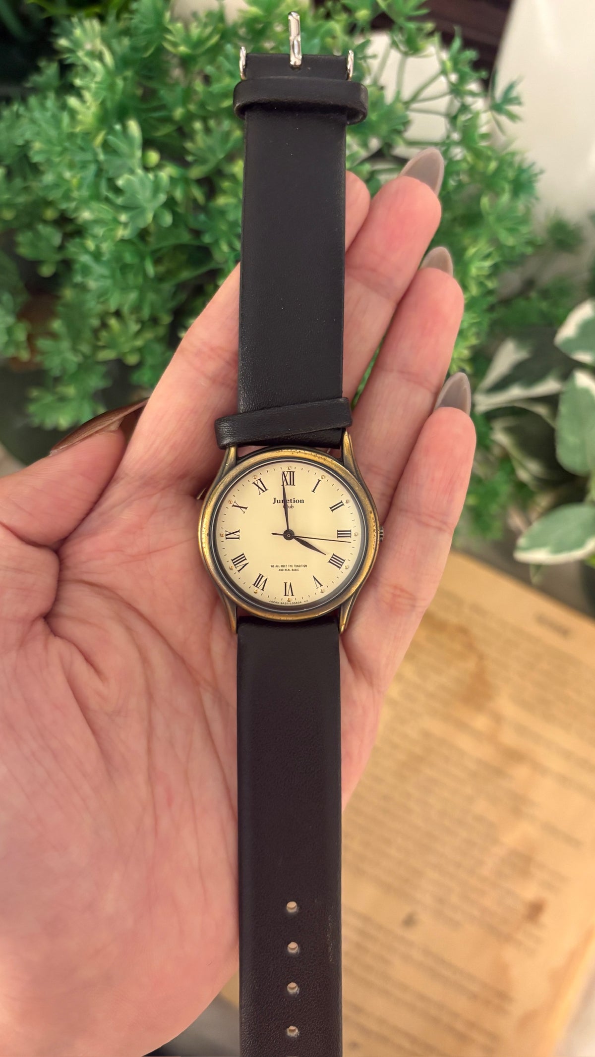 Rare Vintage Junction Citizen Roman Dial Mens Watch in Gold Brass Tone Black Leather Quartz