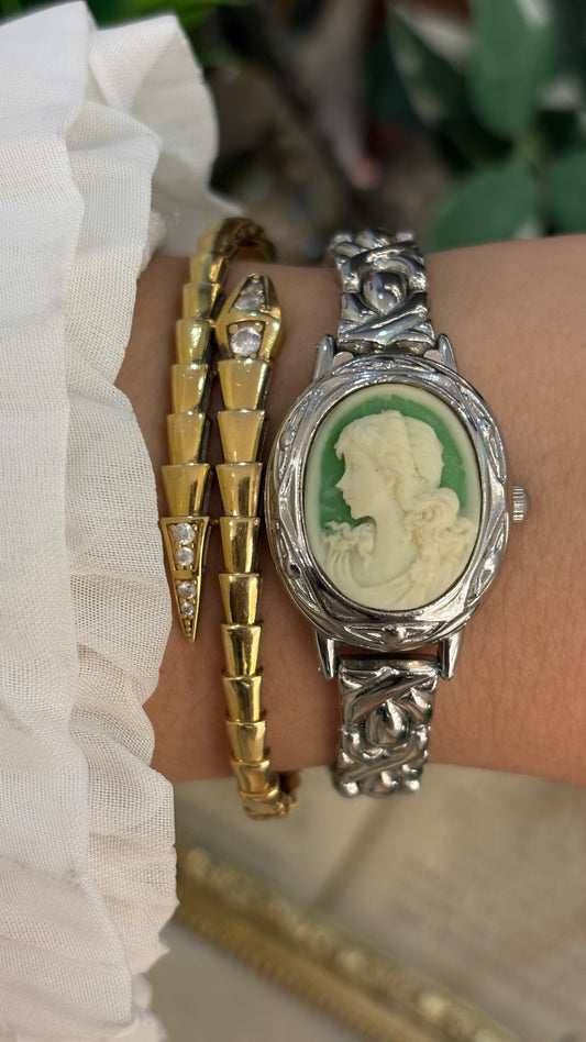 Extremely Rare Vintage Marba Green Cameo Peekaboo Watch in Silver Tone Quartz