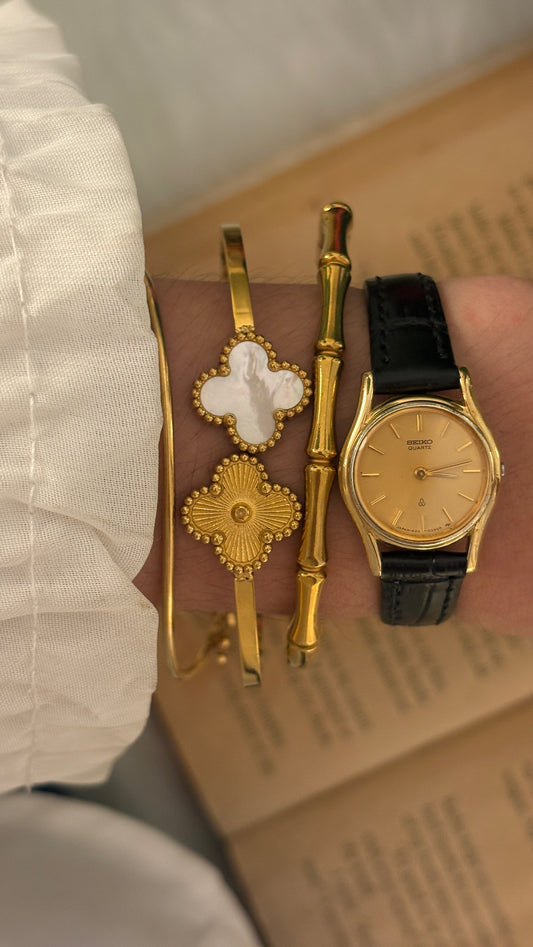 Vintage Seiko Yellow Dial Classic Watch in Gold Tone Black Leather Quartz