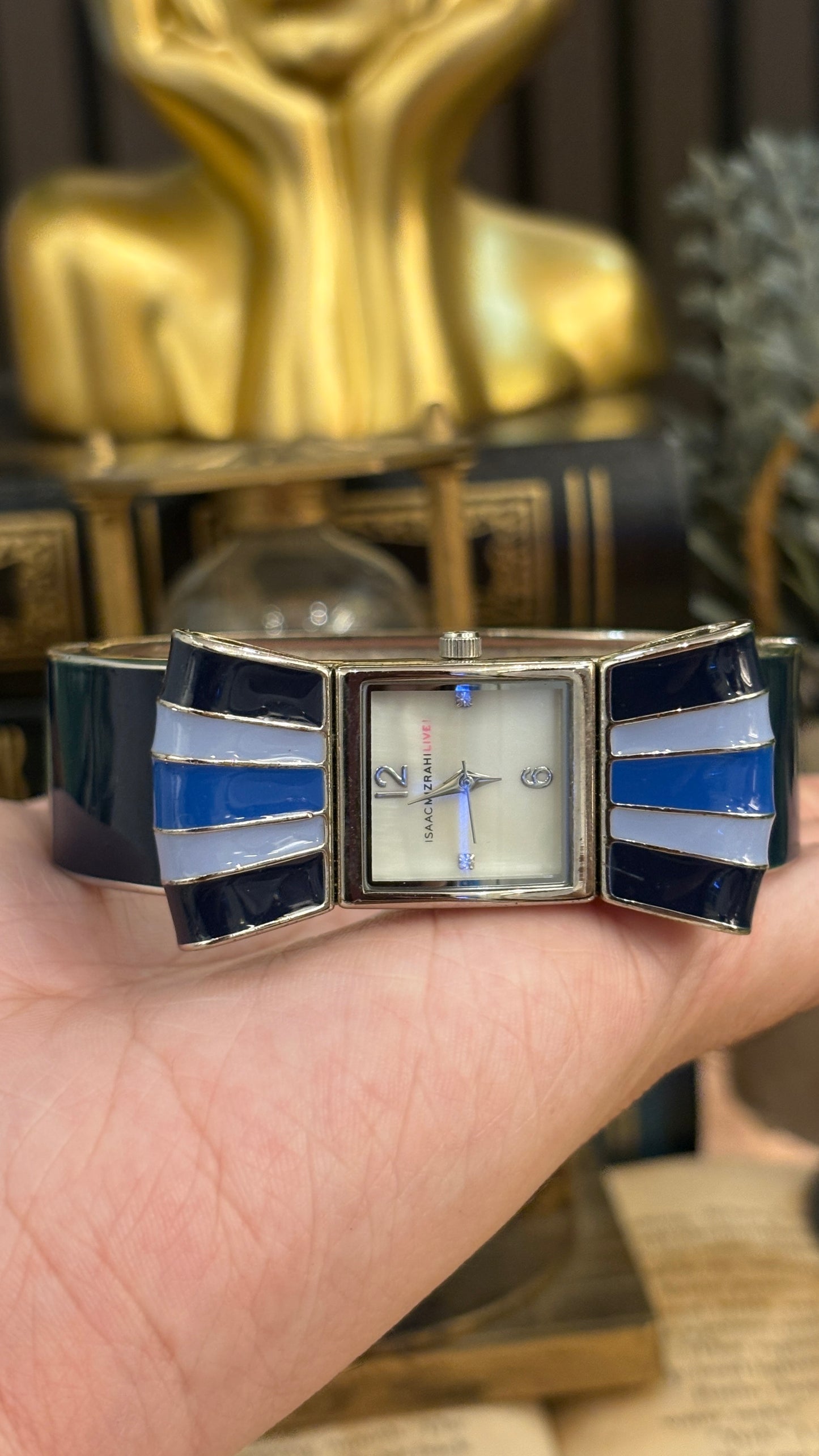Rare Vintage Isaac Mizrahi Ribbon Motif Bangle Watch in Silver Tone Mother of Pearl Dial Quartz