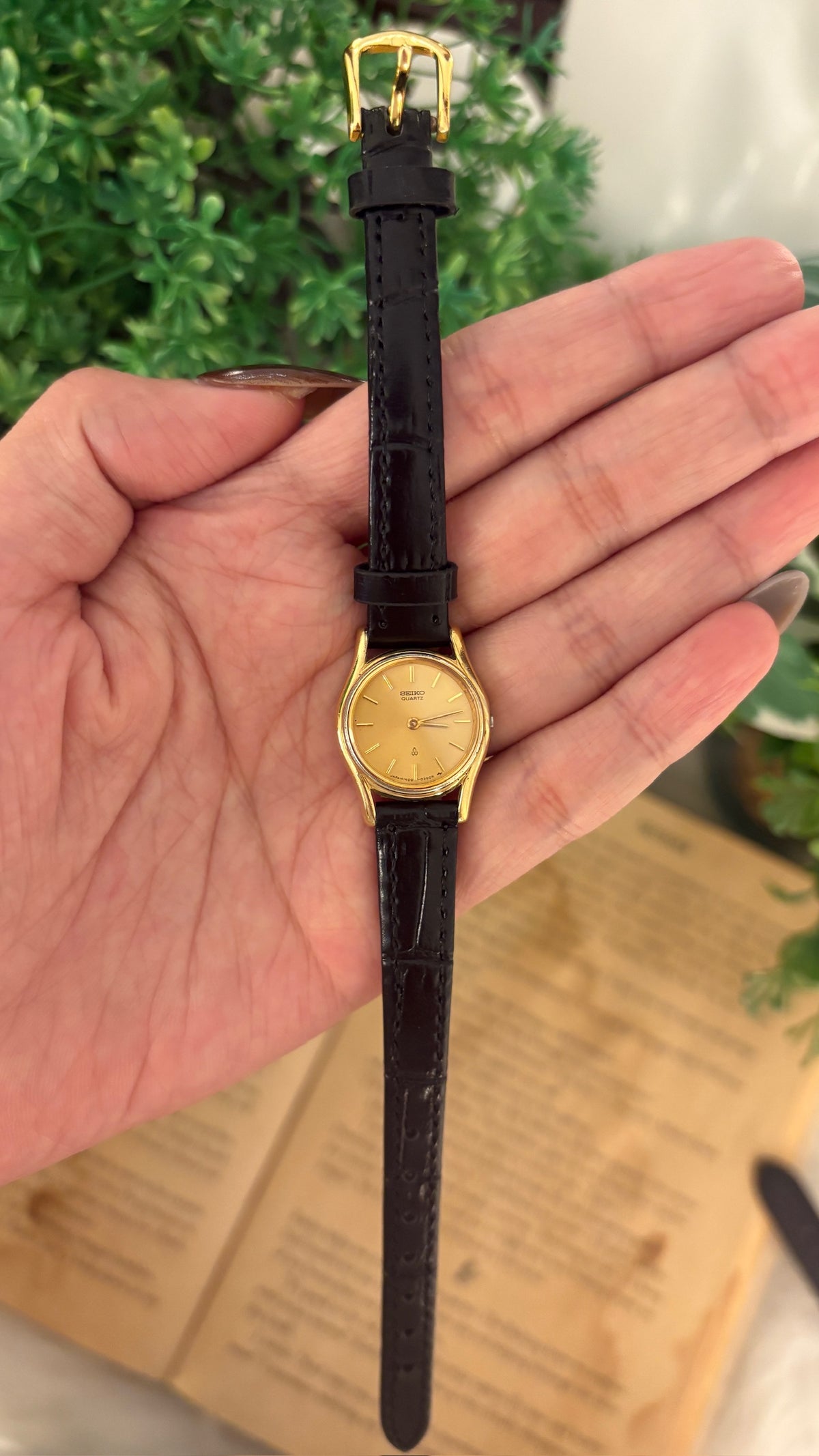 Vintage Seiko Yellow Dial Classic Watch in Gold Tone Black Leather Quartz