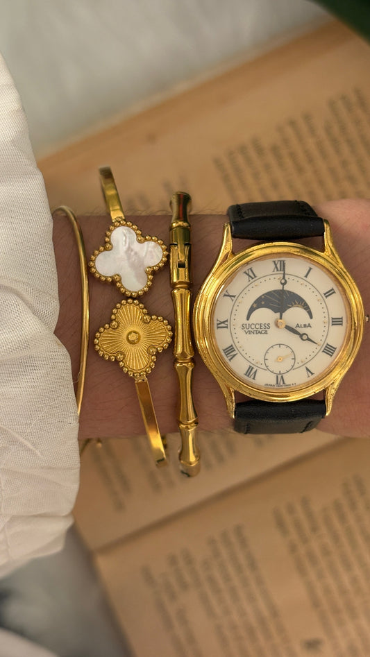 Rare Vintage Alba Seiko Moonphase Watch in Gold Tone Black Leather Quartz