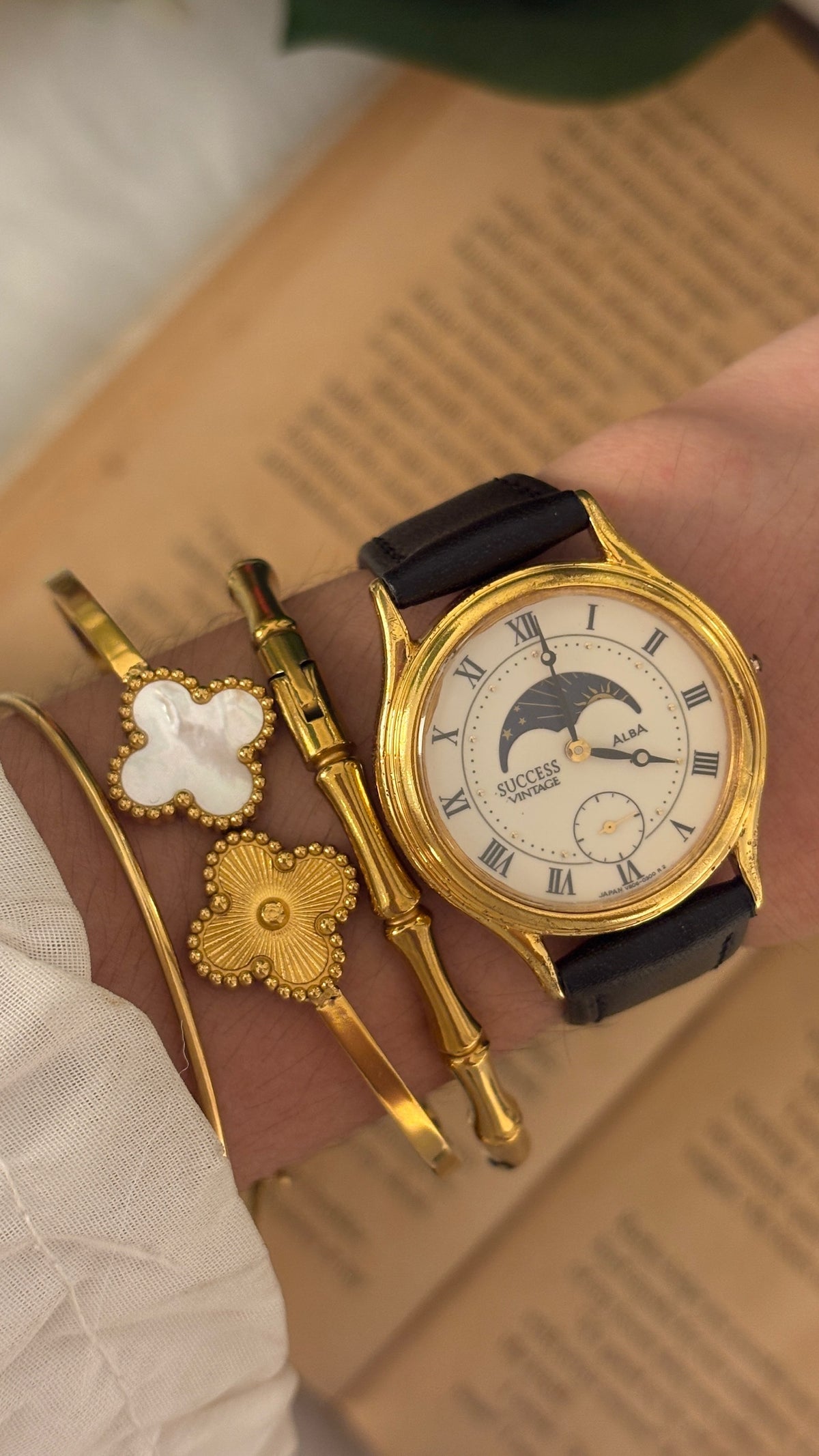 Rare Vintage Alba Seiko Moonphase Watch in Gold Tone Black Leather Quartz