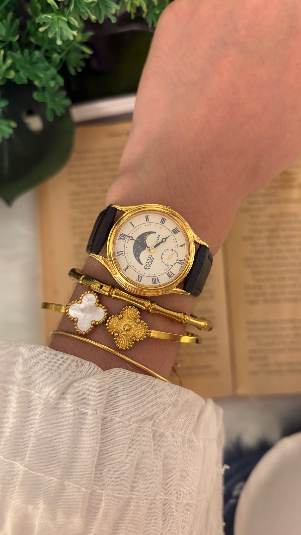Rare Vintage Alba Seiko Moonphase Watch in Gold Tone Black Leather Quartz