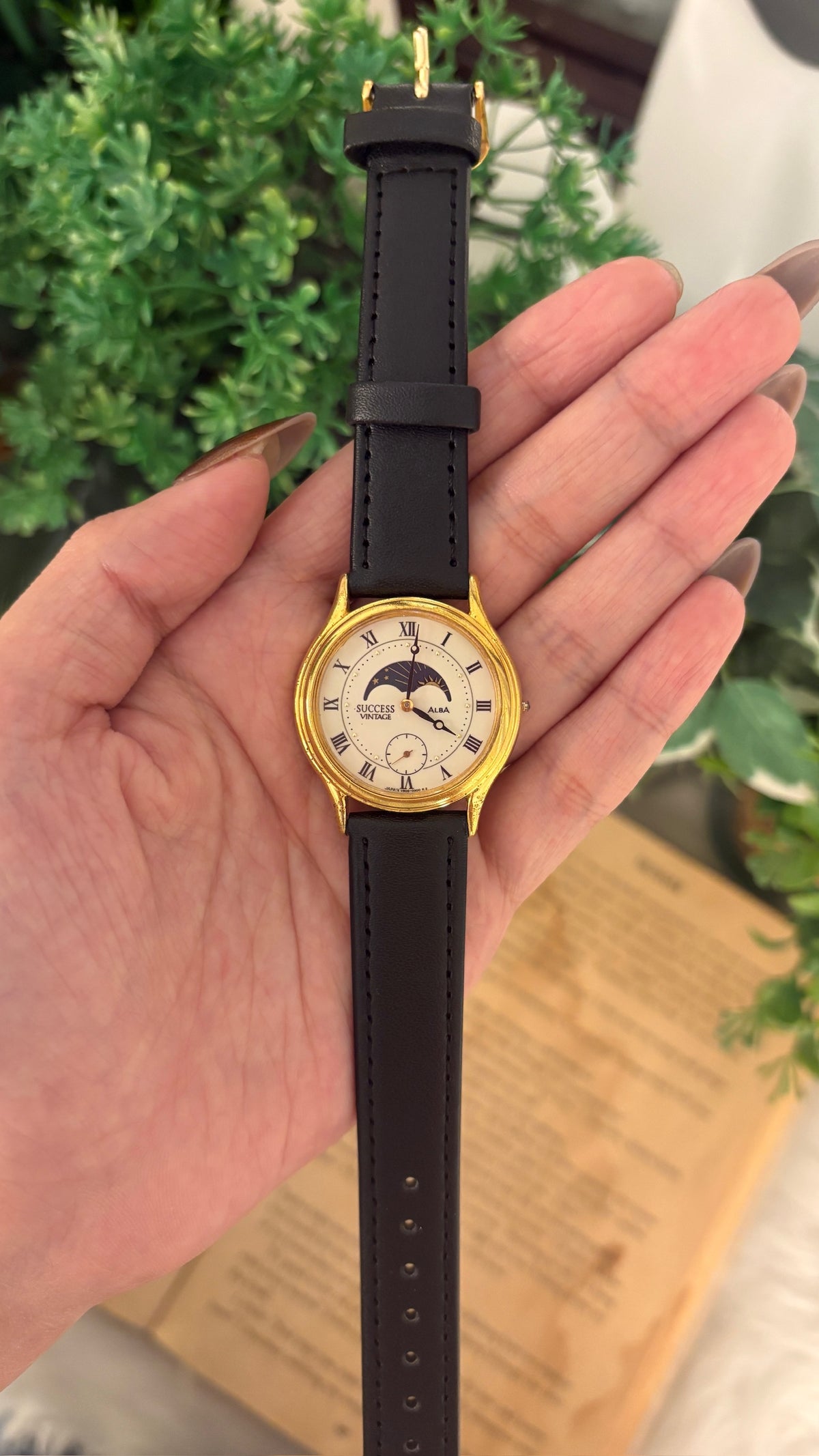 Rare Vintage Alba Seiko Moonphase Watch in Gold Tone Black Leather Quartz