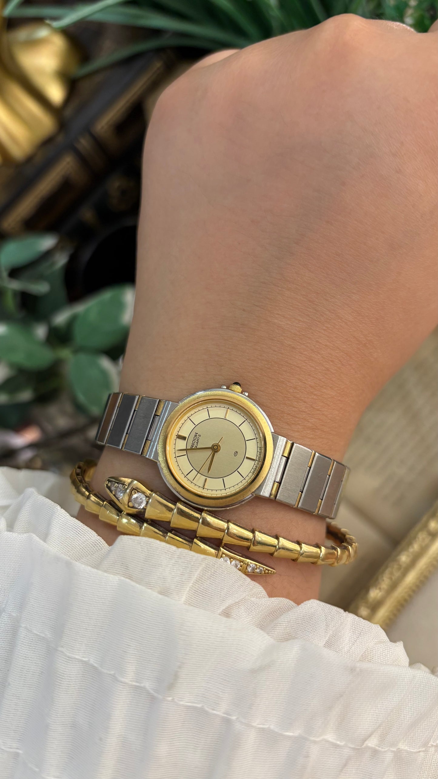 Vintage Ricoh Flowy Bracelet Classic Minimalist Watch in Two-Tone Quartz with Secure Deployment Clasp Lock
