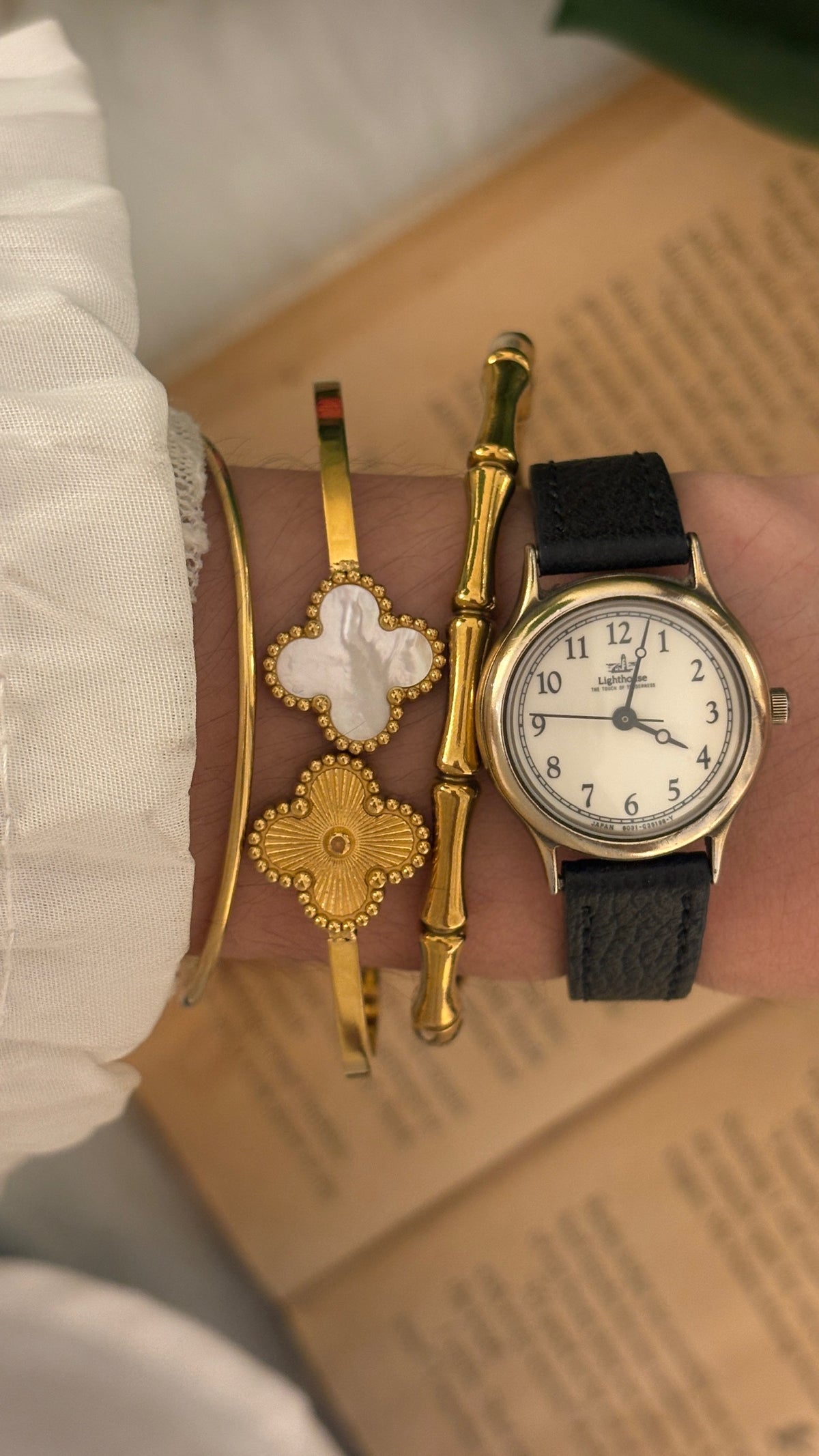 Rare Vintage Lighthouse Citizen Watch in Gold Tone Black Leather Quartz