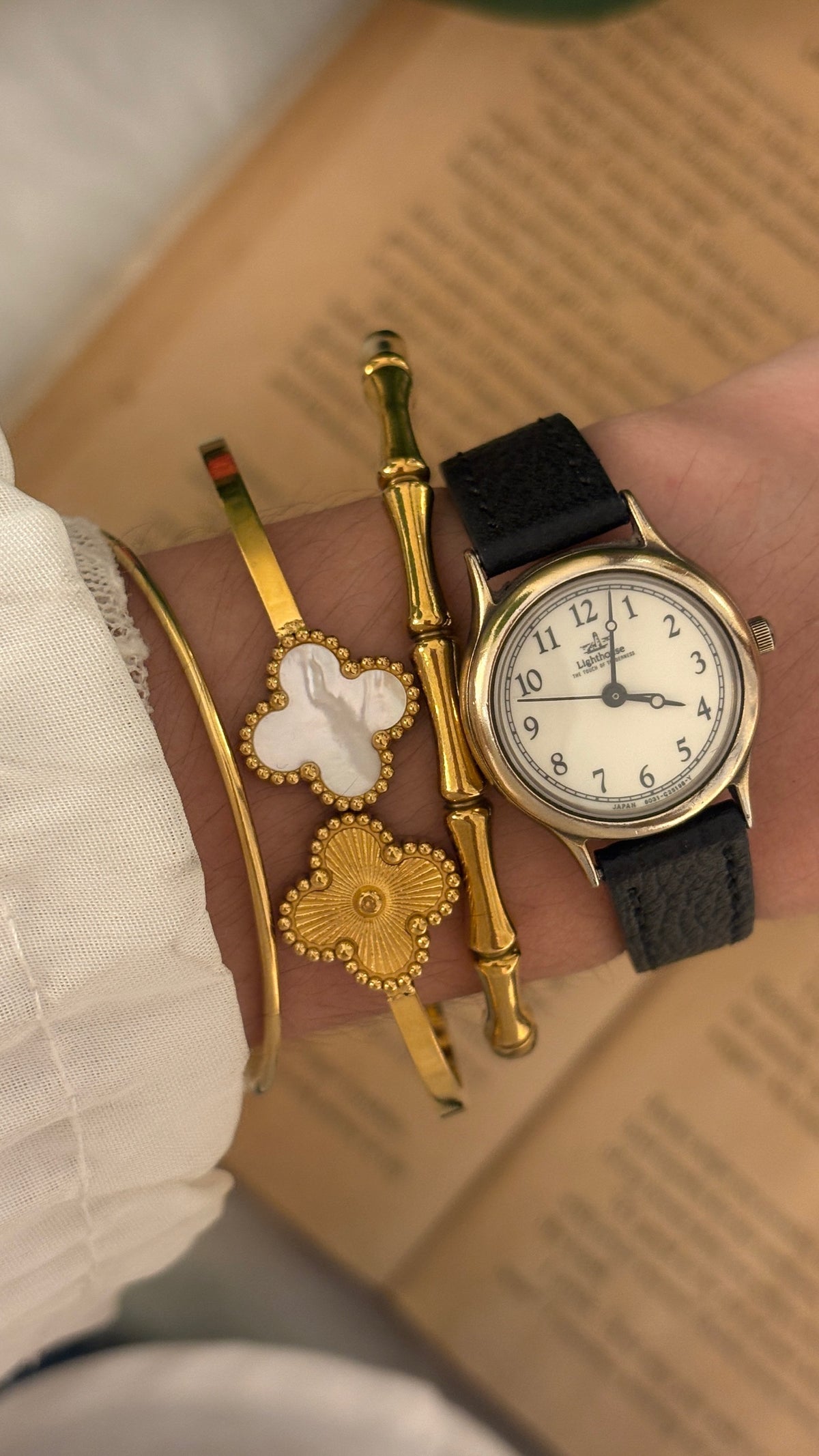 Rare Vintage Lighthouse Citizen Watch in Gold Tone Black Leather Quartz