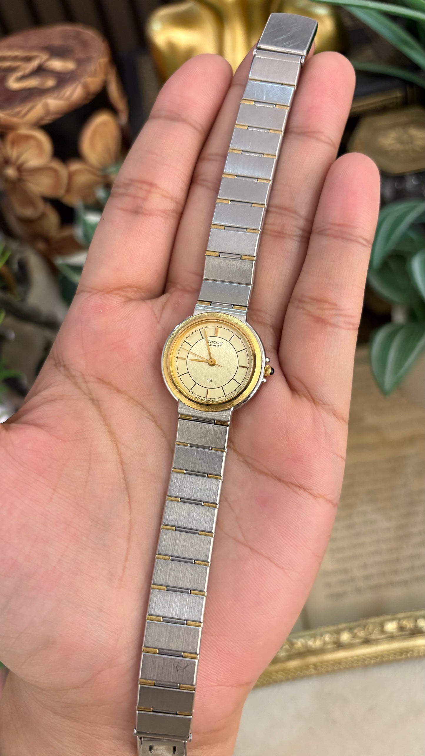 Vintage Ricoh Flowy Bracelet Classic Minimalist Watch in Two-Tone Quartz with Secure Deployment Clasp Lock