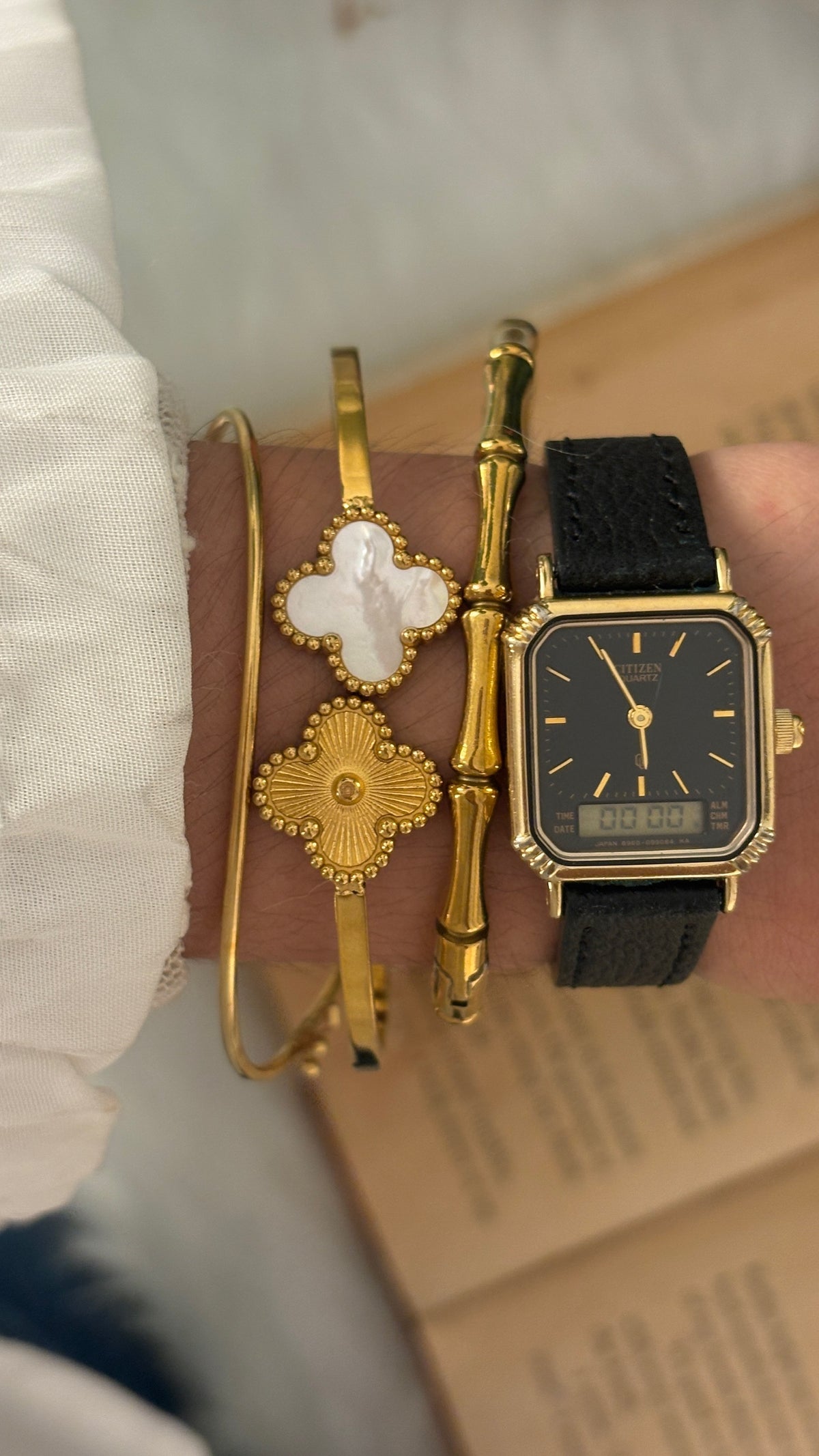 Rare Vintage Citizen Digital Analog Black Dial Tank Watch in Gold Tone Black Leather Quartz