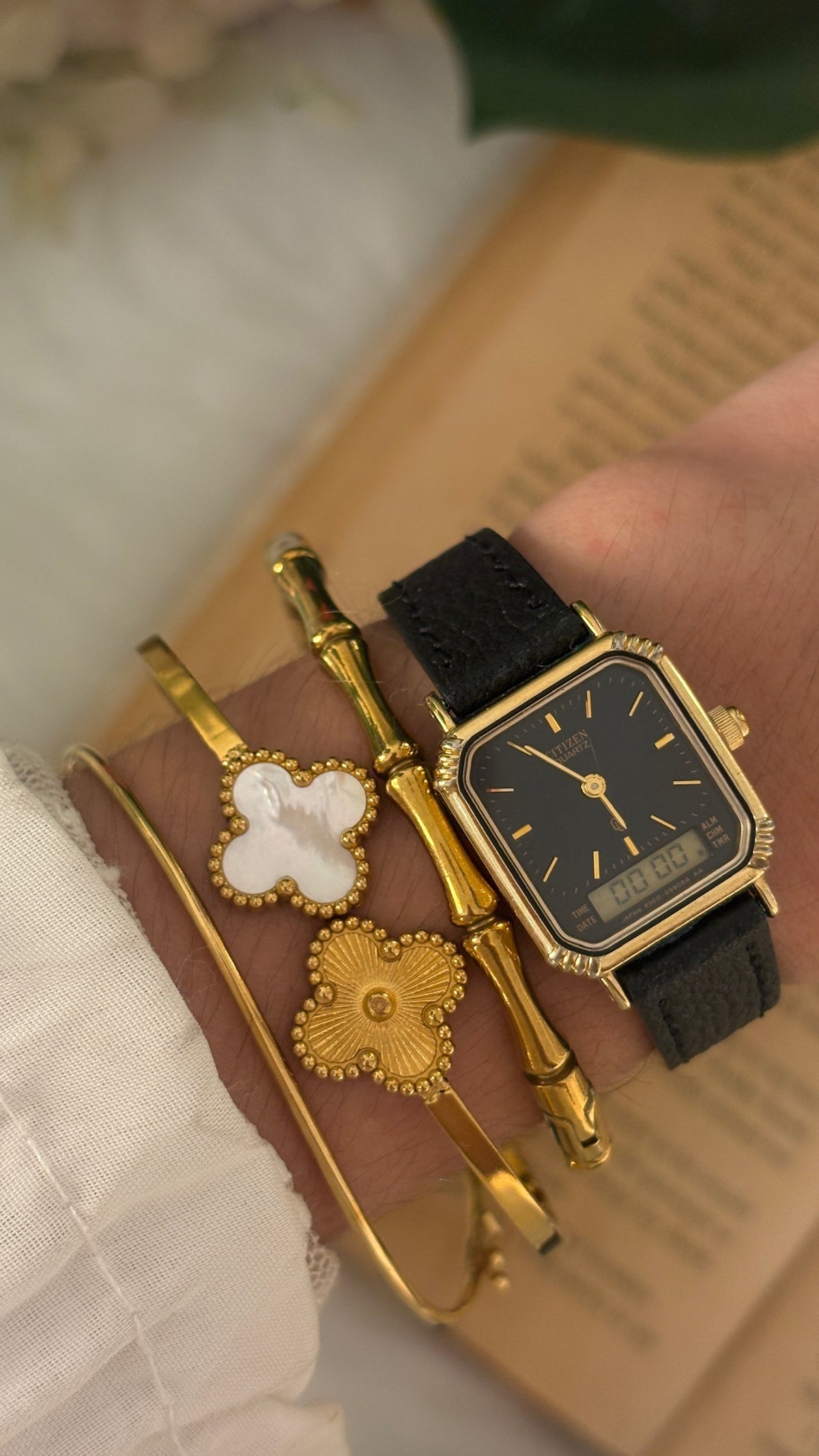 Rare Vintage Citizen Digital Analog Black Dial Tank Watch in Gold Tone Black Leather Quartz