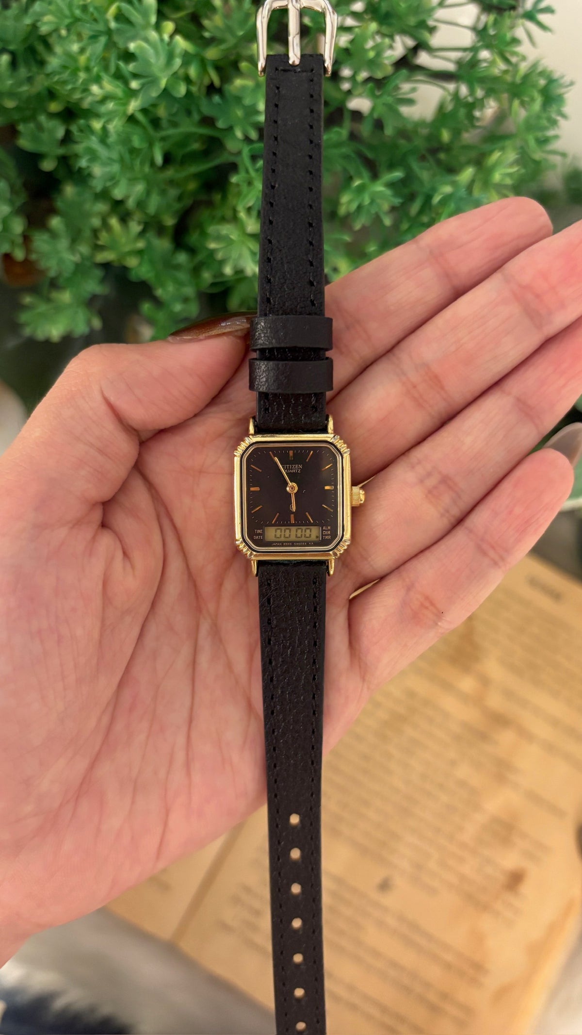 Rare Vintage Citizen Digital Analog Black Dial Tank Watch in Gold Tone Black Leather Quartz