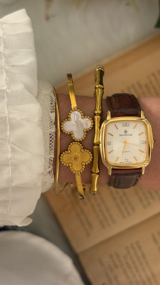 Vintage Sandoz Tank Watch in Gold Tone Brown Leather Quartz