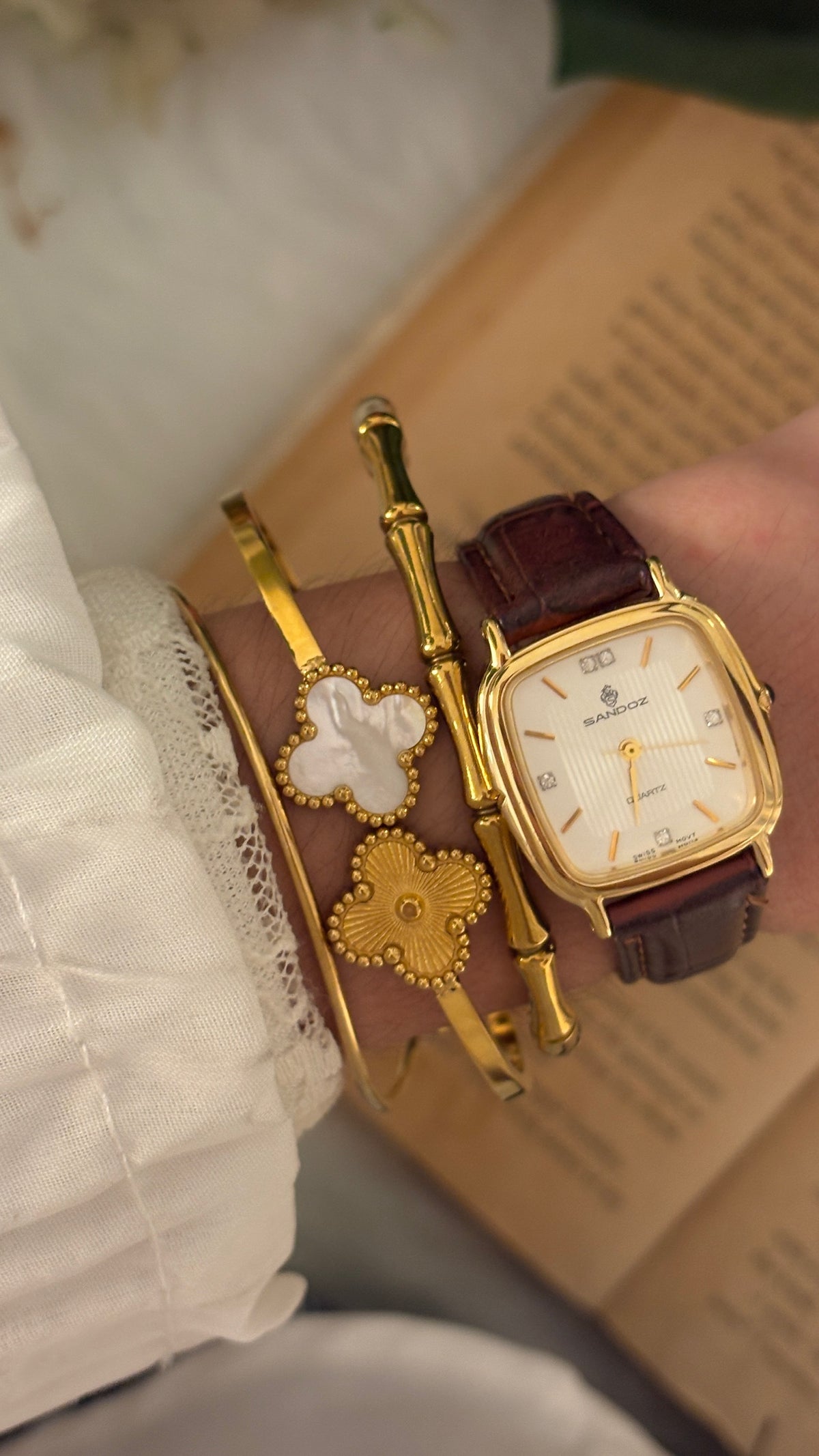 Vintage Sandoz Tank Watch in Gold Tone Brown Leather Quartz