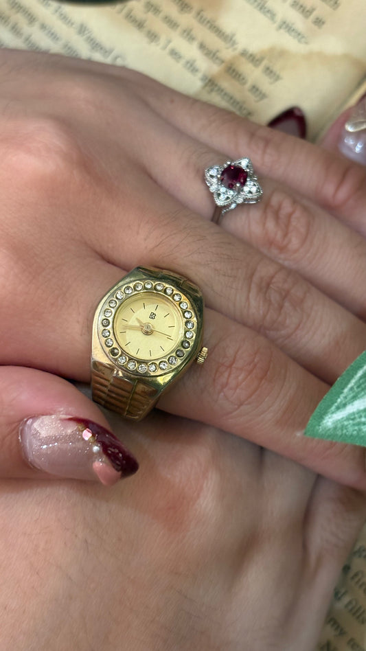 Extremely Rare Dainty Krone Rhinestone Bezel Ring Watch in Gold Tone Quartz