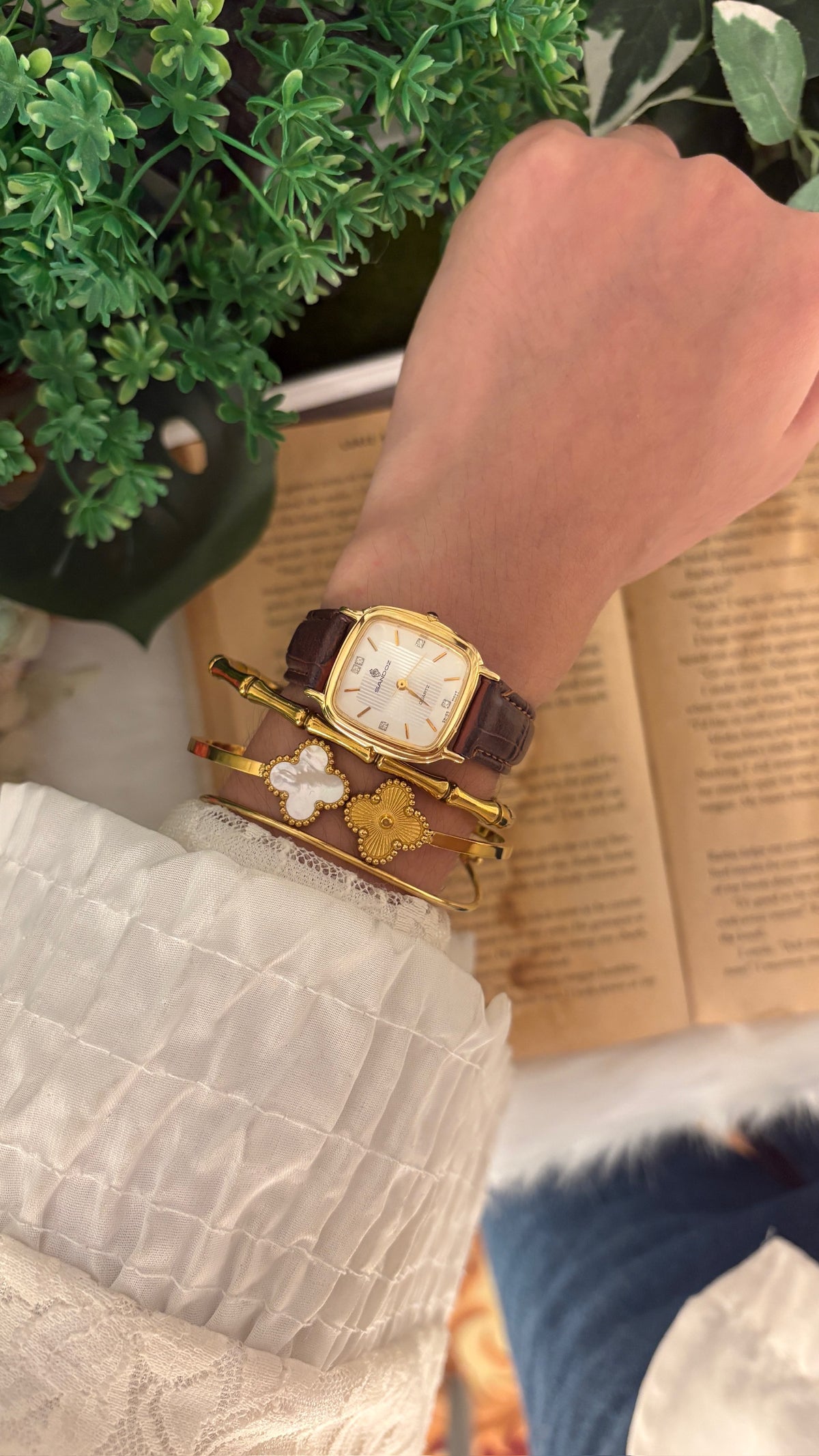 Vintage Sandoz Tank Watch in Gold Tone Brown Leather Quartz