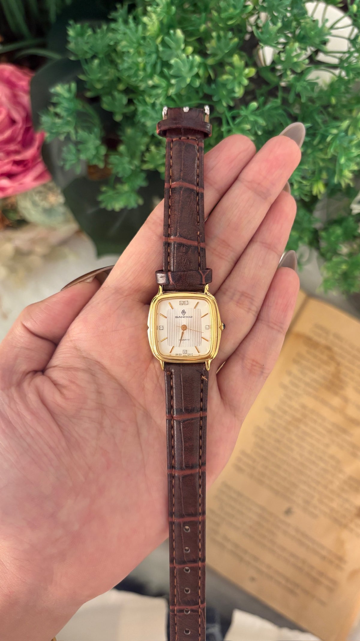 Vintage Sandoz Tank Watch in Gold Tone Brown Leather Quartz