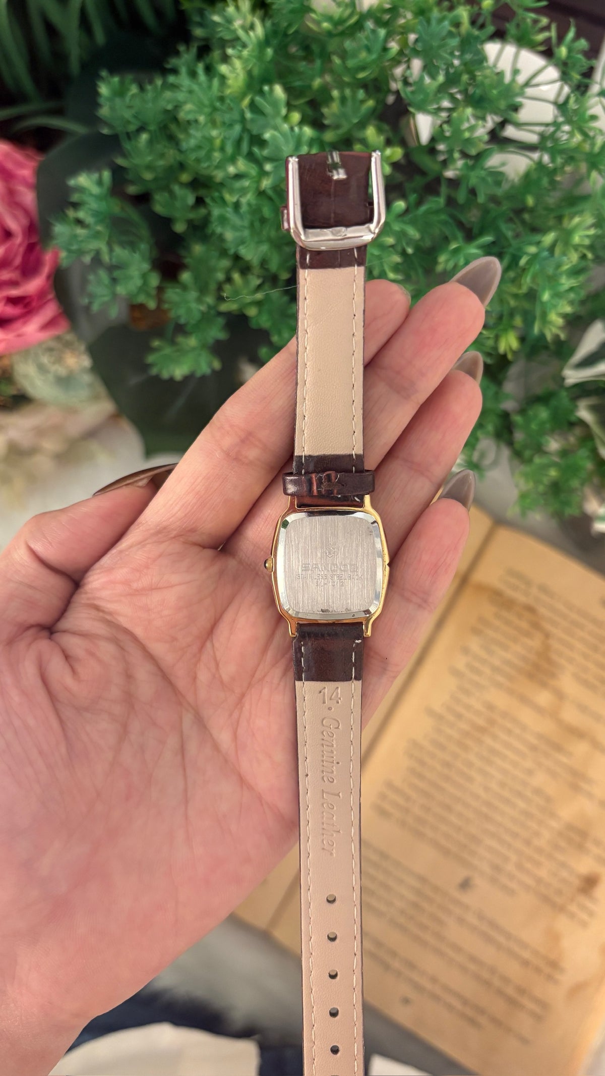 Vintage Sandoz Tank Watch in Gold Tone Brown Leather Quartz