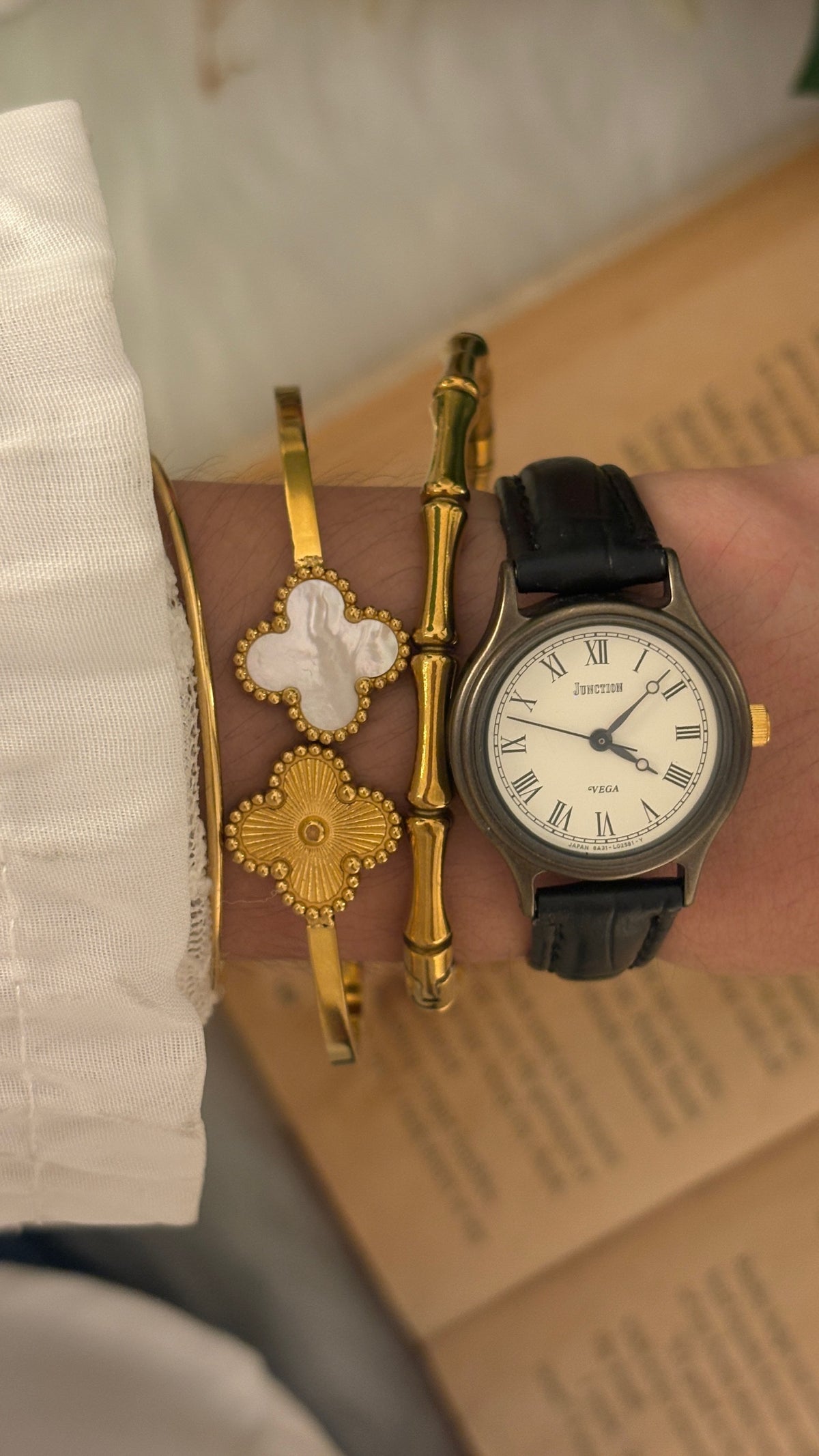 Vintage Junction Vega Citizen Roman Dial Watch in Gold Brass Tone Black Leather Quartz