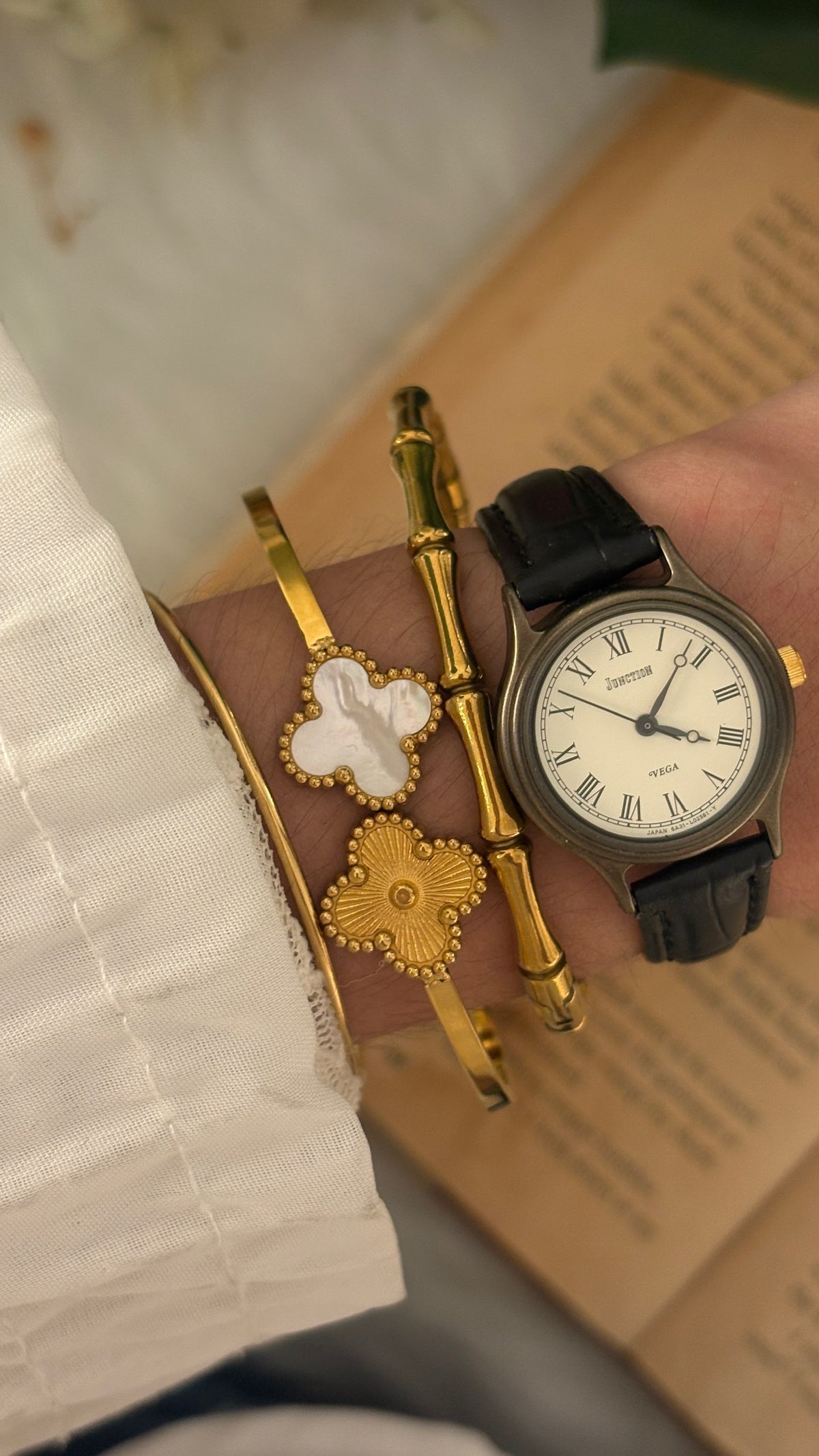 Vintage Junction Vega Citizen Roman Dial Watch in Gold Brass Tone Black Leather Quartz