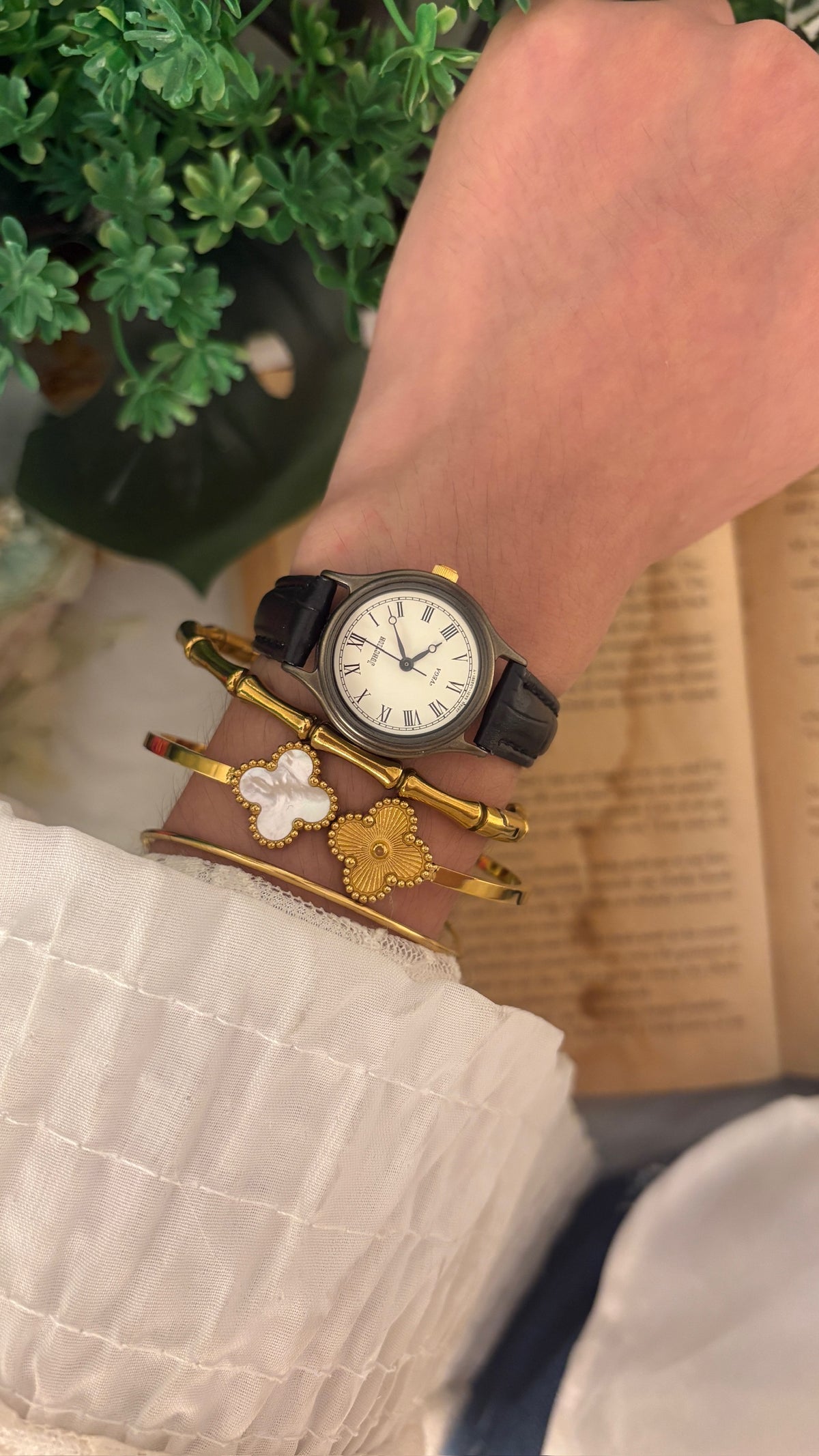 Vintage Junction Vega Citizen Roman Dial Watch in Gold Brass Tone Black Leather Quartz