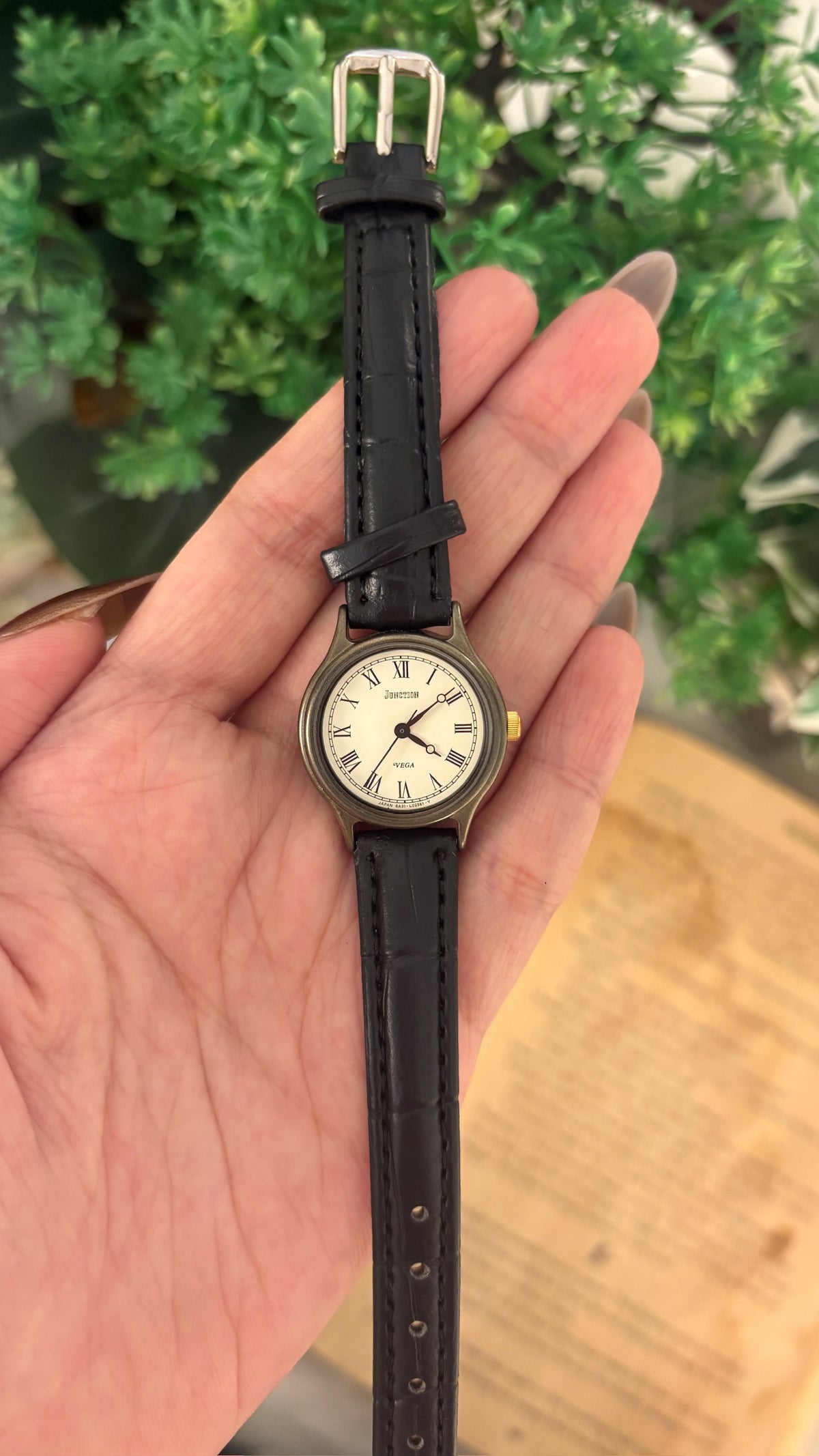 Vintage Junction Vega Citizen Roman Dial Watch in Gold Brass Tone Black Leather Quartz